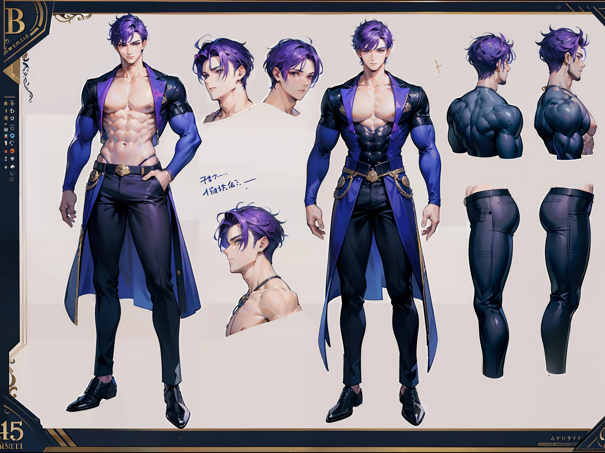 ((Masterpiece, Highest quality)), Detailed face, character design sheet， full bodyesbian, Full of details, frontal body view, back body view, Highly detailed, Depth, Many parts, Muscle boy with purple hair，handsome man, navy, commander, man tall, pectoral muscles, abs