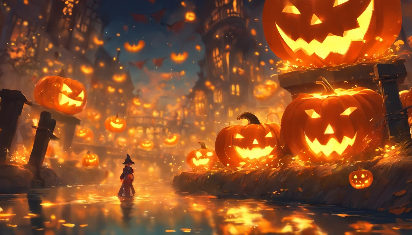 Halloween Floating Lights, Cinematographic light and reflection, glowing lights, Intermediate elements of the metaverse,digital painting, reflets brillants, Reflect, Halloween Jack-o'-lantern, Nuit calme, digital illustration, Belle ambiance, Skylights at night, Quiet atmosphere in the evening, Jack-o'-lantern, Halloween, La nuit, Thémon, The game scene, Halloween, Surrounded by clouds, Buildings in medieval Europe, Enamelled tiles, UE, Des couleurs magnifiqUEs, Il y a trois arches au premier plan((encre de couleur)), ( (Splash the ink ) ), ((Splash the ink) Inky})), tmasterpiece, High career, De beaux graphismes, high details,magnifiqUE