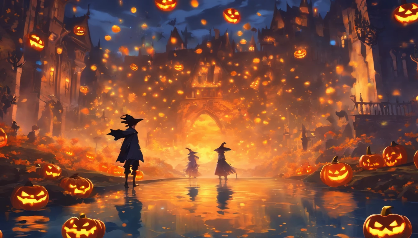 Halloween Floating Lights, Cinematographic light and reflection, glowing lights, Intermediate elements of the metaverse，digital painting, reflets brillants, Reflect, Halloween Jack-o'-lantern, Nuit calme, digital illustration, Belle ambiance, Skylights at night, Quiet atmosphere in the evening, Jack-o'-lantern, Halloween, La nuit, Thémon, The game scene, Halloween, Surrounded by clouds, Buildings in medieval Europe, Enamelled tiles, UE, Des couleurs magnifiqUEs, Il y a trois arches au premier plan((encre de couleur)), ( (Splash the ink ) ), ((Splash the ink) Inky})), tmasterpiece, High career, De beaux graphismes, high details,magnifiqUE
