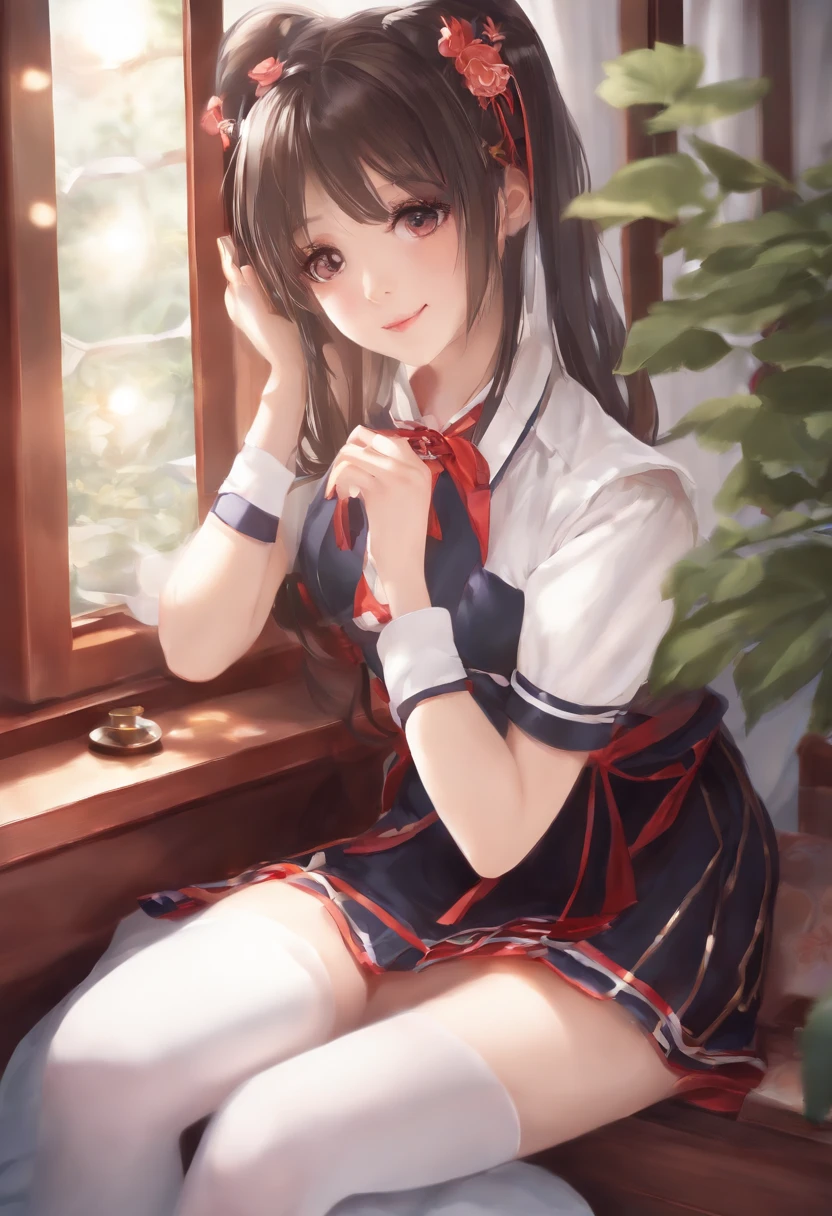 Wearing a cosplay uniform,Female high school student wearing white stockings in Japanese bedroom, cute pose,There was also a mirror in front of her