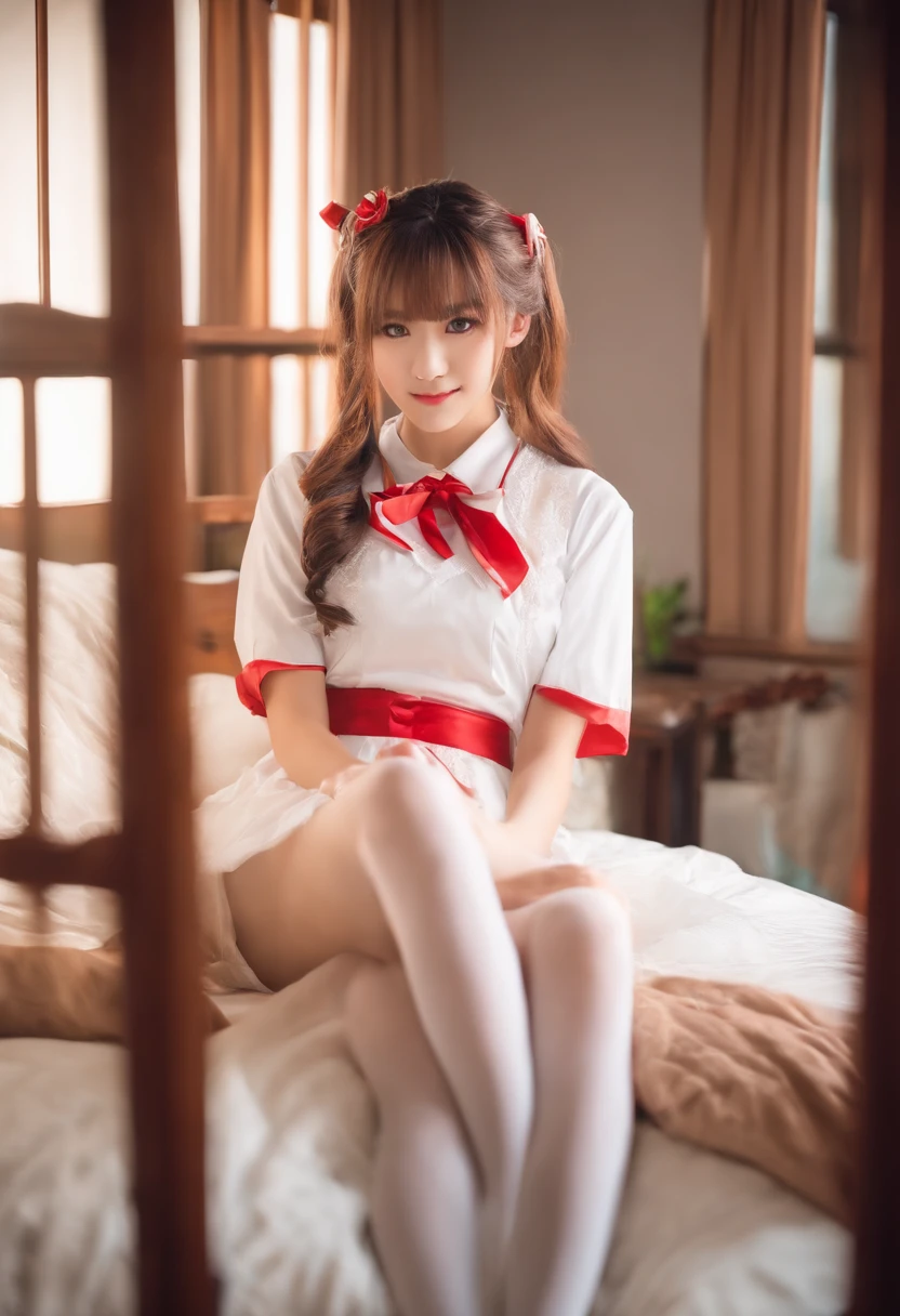 Wearing a cosplay uniform，Female high school student wearing white stockings in Japanese bedroom, cute pose，There was also a mirror in front of her