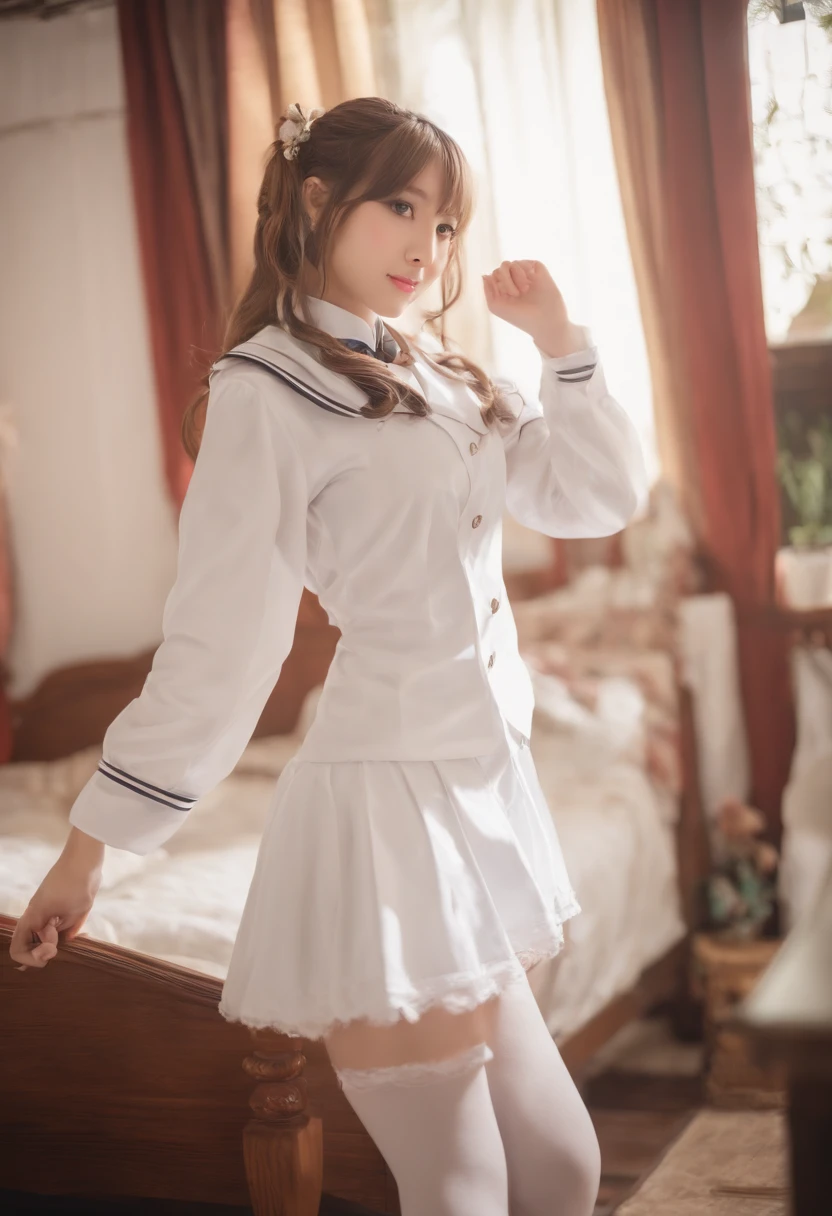(Best Quality,masutepiece:1.2),japanaese girl,Charming shy face,poneyTail(Color: brown hair on the head),18year old,(symmetric clear eyes:1.3),Sparkling eyes,Looking at the viewer,Cowboy Shot,Spread legs,bedroom,large boob,,naked boobs,naked lower body,Exposed thighs,Thin pubic hair,Sailor suit jacket(Fluttering the chest)