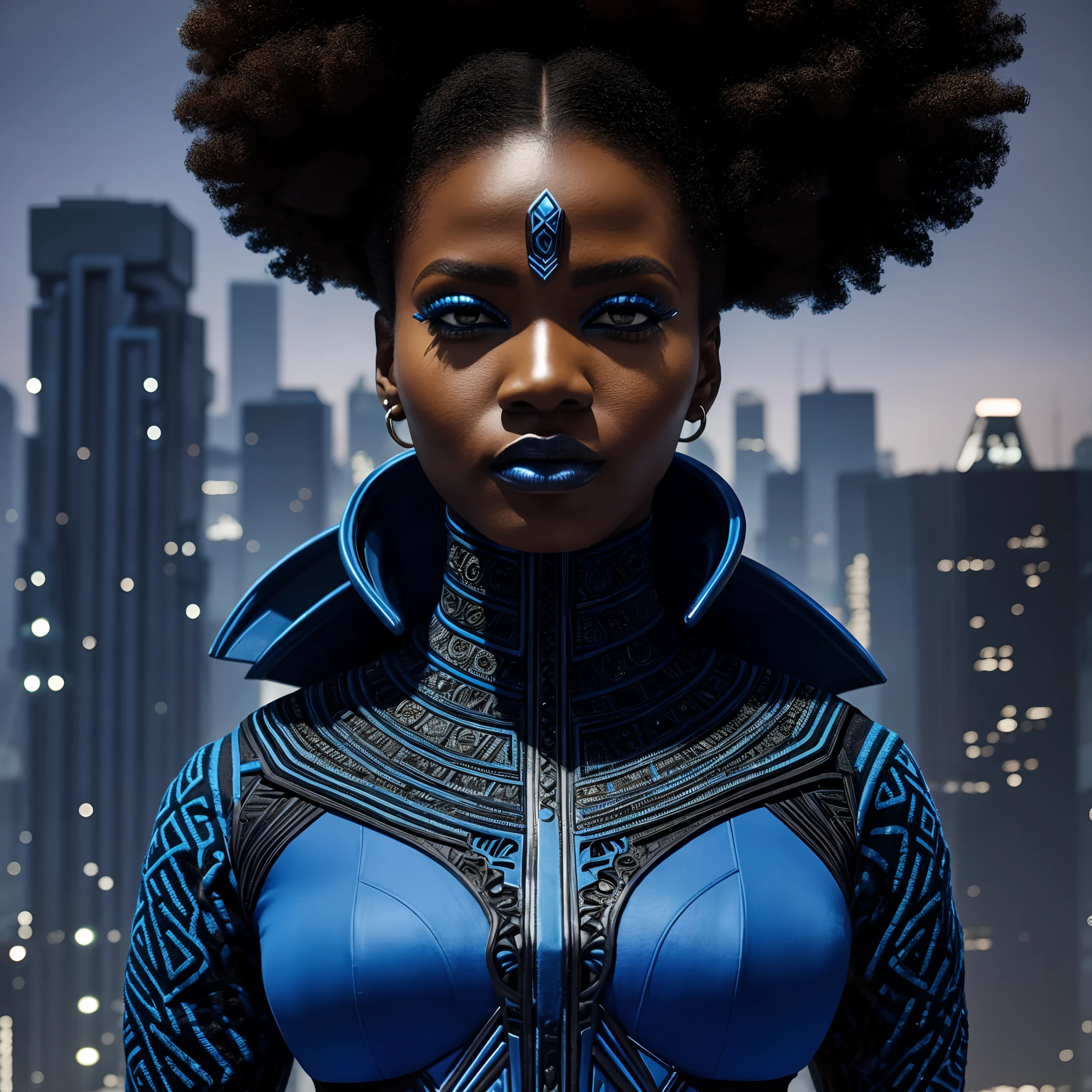 Afrofuturism, a woman wearing a dark blue afrofuturistic tribal clothes, flat top hair, cyber punk City in background, ultra quality, intricate details
