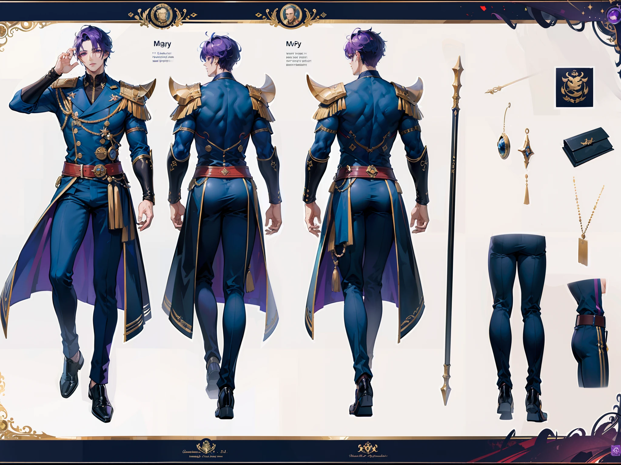 ((Masterpiece, Highest quality)), Detailed face, character design sheet， full bodyesbian, Full of details, frontal body view, back body view, Highly detailed, Depth, Many parts, Muscle boy with purple hair，handsome man, navy, commander, man tall