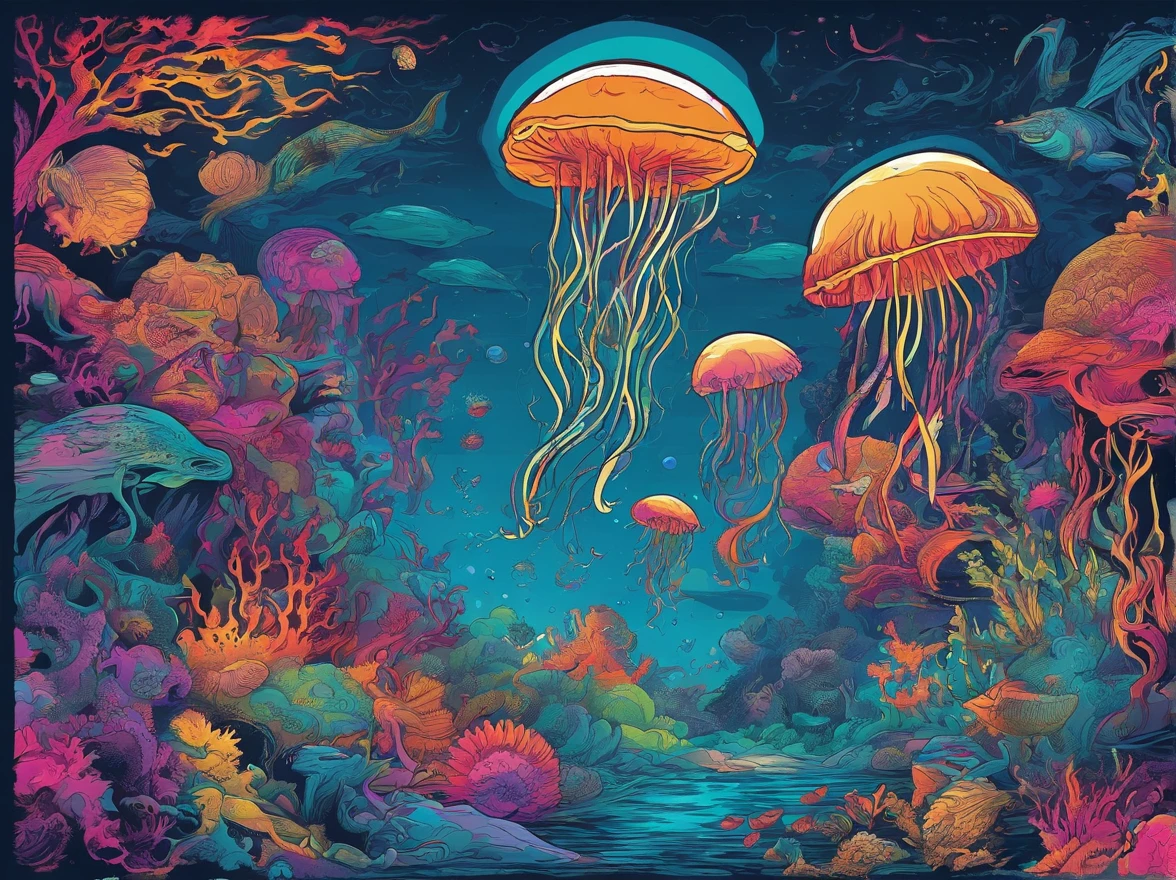 Generate a t-shirt design of a surreal underwater scene with floating jellyfish, bioluminescent creatures, and an otherworldly atmosphere, with the text "Electric Dreams of the Deep", poster, typography