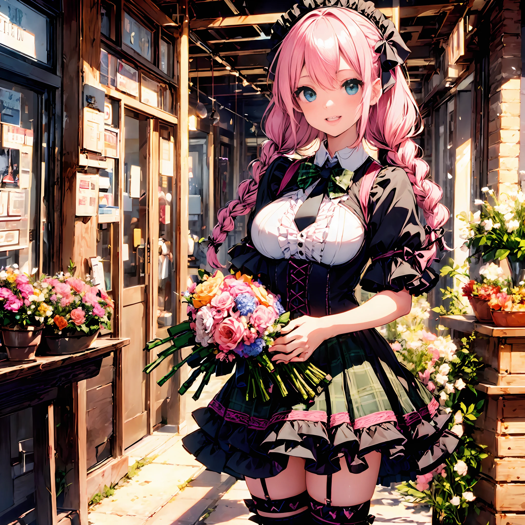 Beauty 1 person,Solo,(Cute:1.5),(Chibi:0.6),(kawaii:1.5),(Lori:0.5),BREAK,(17 years old girl),Very detailed,colourfull,highest details,Clear skin,Beautiful skin,Shy,Very detailed,colourfull,highest details,BREAK,Clear skin,Beautiful skin,Shy skin,1 beautiful girl,{Heterochromia,pale blue eyes,pale green eyes:1.5},star eye silhouette,BREAK,(Pink hair, Medium length:1.4),(Twin braids,A little curly hair,Single-sided twisted blade,Princess Cut:1.3),(Large breasts:1.5),(long eyelashes, Double eyelids:1.2),Solo,gleaming skin,BREAK,(Holding a bouquet of flowers with both hands full:1.65),(:D,grin:1.1),BREAK,(Gothic lolita:1.4), (Open Short Cape:1.2), ((bow ribbon, frilld):1.3), (Green tartan plaid:1.3), ((White collar, tie):1.3), (Short sleeve:1.2), ((frills skirt, Multi-layer skirt):1.3), (fishnet tights:1.2), (hand armor:1.2), (X Hair Ornament, Hairpin),(zettai ryouiki:1.4),BREAK,(Blurry background:1.3), (Highly detailed fine touch:1.3), ///, girl,  Chignon, Mixed Media, diverse materials, unexpected combinations, creative exploration, vibrant composition, Town, Fashionable street, Cute shop,BREAK,(masutepiece, Best Quality, Highly detailed, Super Detail Art, High resolution, absurderes, 4K, 8K:1.2),(Official art, incredibly fine illustration, extremely details CG, Detailed background, Professional Lighting,Standing, Perfect hands, Detailed shiny skin, detailed hairs, Detailed eyes),(Highly detailed CG Unity 8k wallpaper),(Best Quality),(Super Detail),(Best Illustration),(Best Shadow),POV,Realistic lighting and shading,Natural light,Lens flare effect,