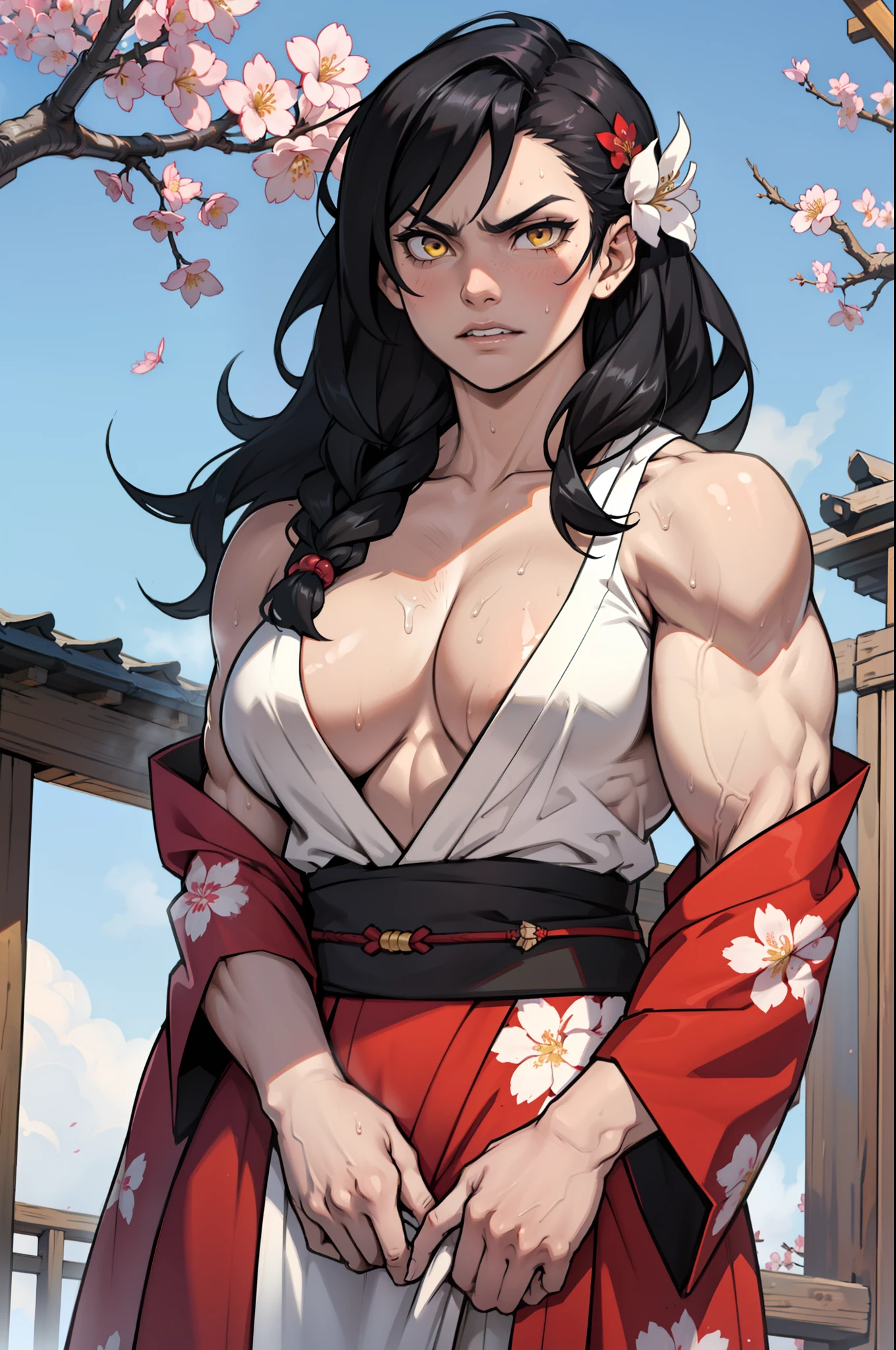 black hair, yellow eyes, solo, sweaty, shiny skin, angry, pale skin, (((((muscular, 1girl))))), curvy, thin waist, very long hair, sweaty, perky breasts, kimono sakura blossom