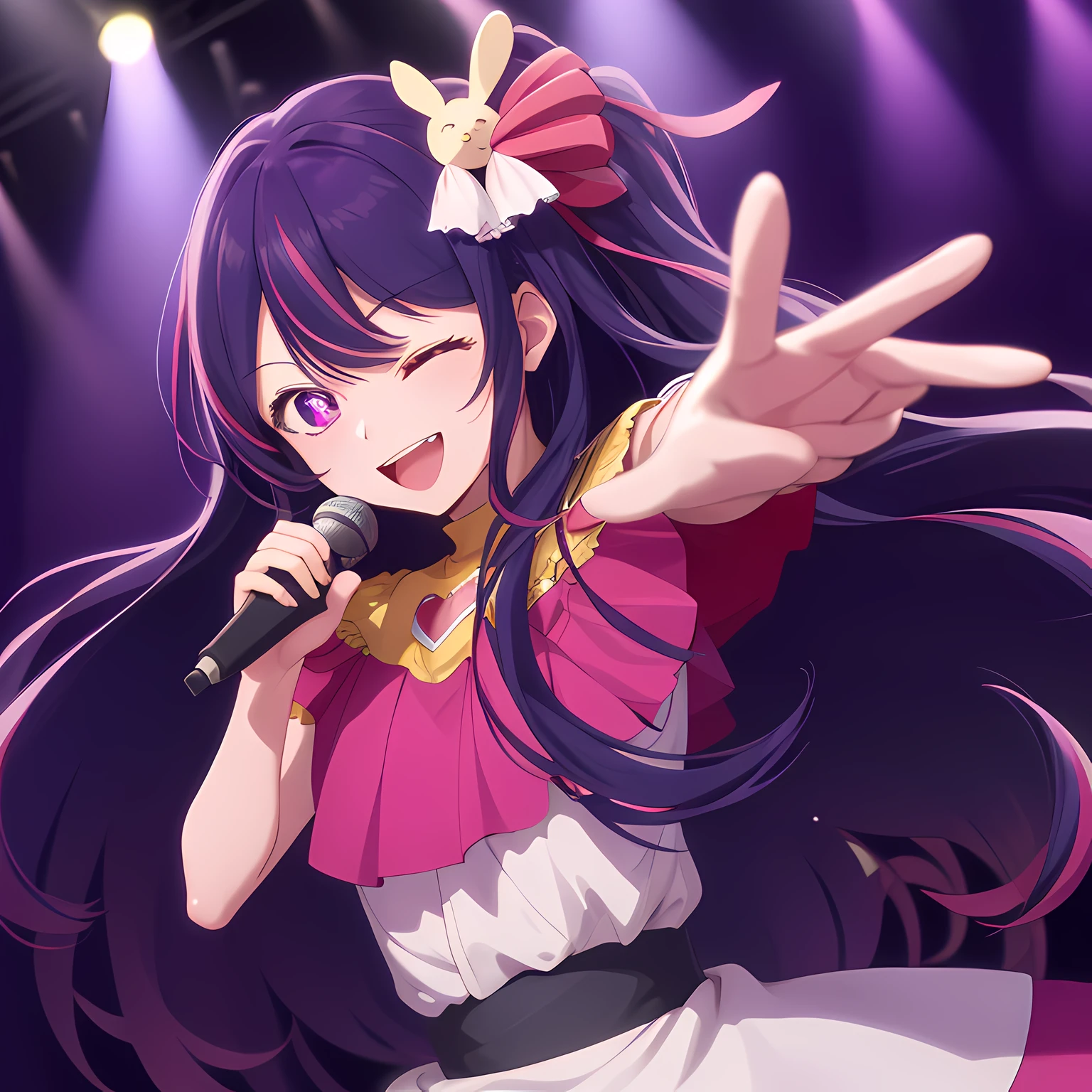 (best quality:1.4, masterpiece, 4k, details), Hoshino Ai, long hair, purple hair, streaked hair ,purple eyes, star-shaped pupils, hair ornament, on stage, smile, right hand pointing at camera, one eye closed, holding a mic with the left hand