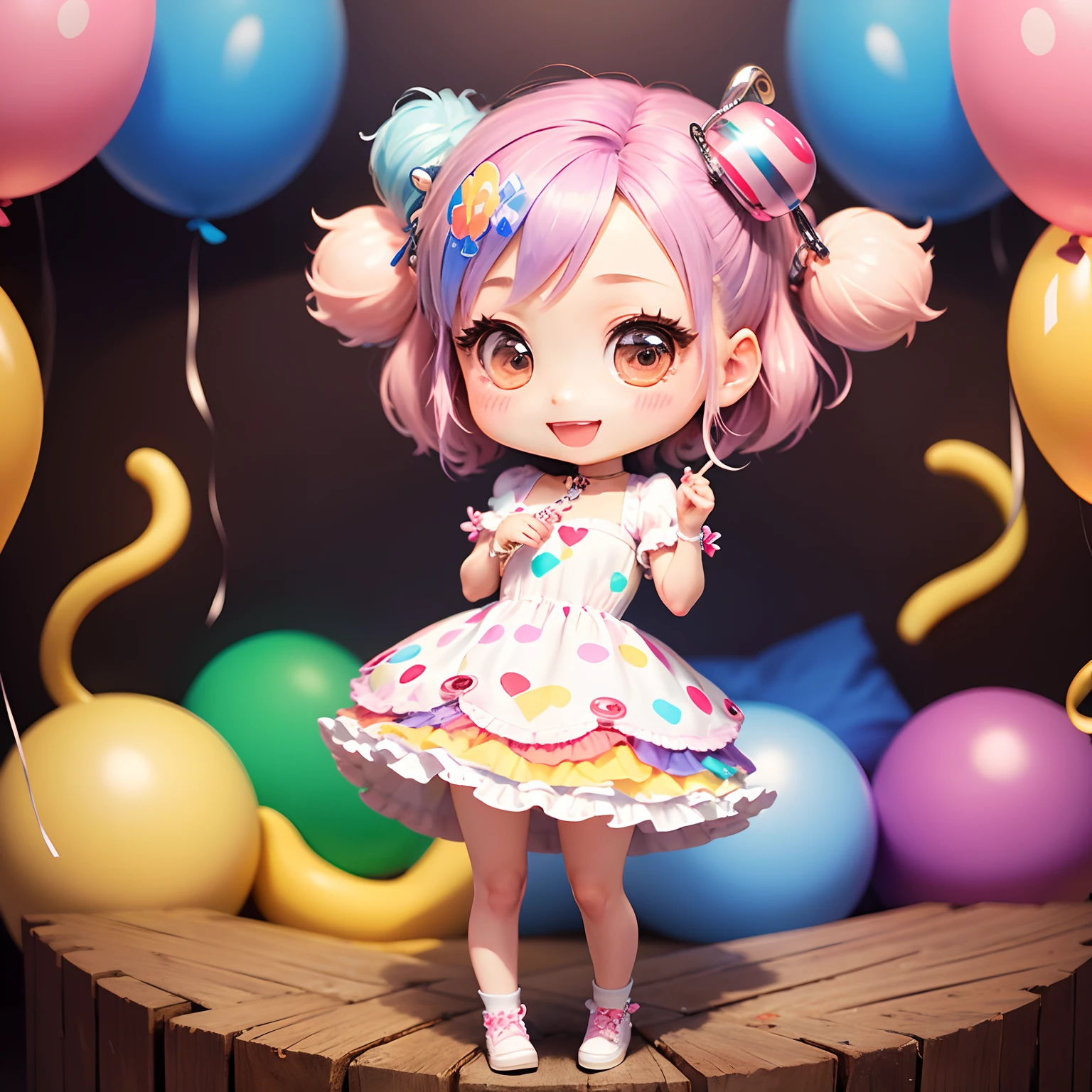 ​masterpiece、top-quality、ultra-detailliert、(Chibi Chara:1.3)、(Decora Puff Sleeve Dress:1.3)、Open your mouth and smile、Standing、Pastel Balloon Pop
