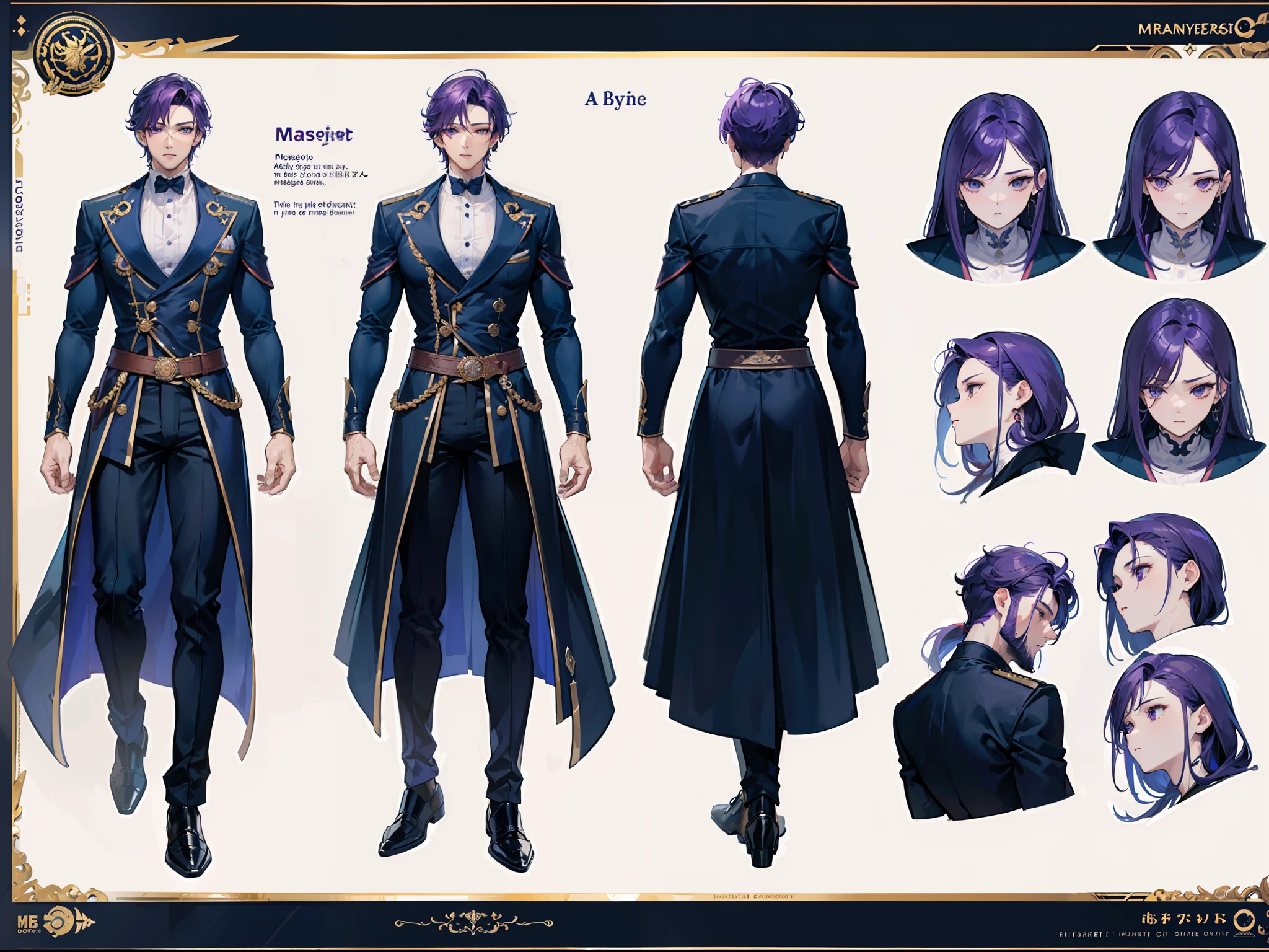 ((Masterpiece, Highest quality)), Detailed face, character design sheet, full bodyesbian, Full of details, frontal body view, back body view, Highly detailed, Depth, Many parts, Muscle boy with purple hair,handsome man, navy, commander, man tall