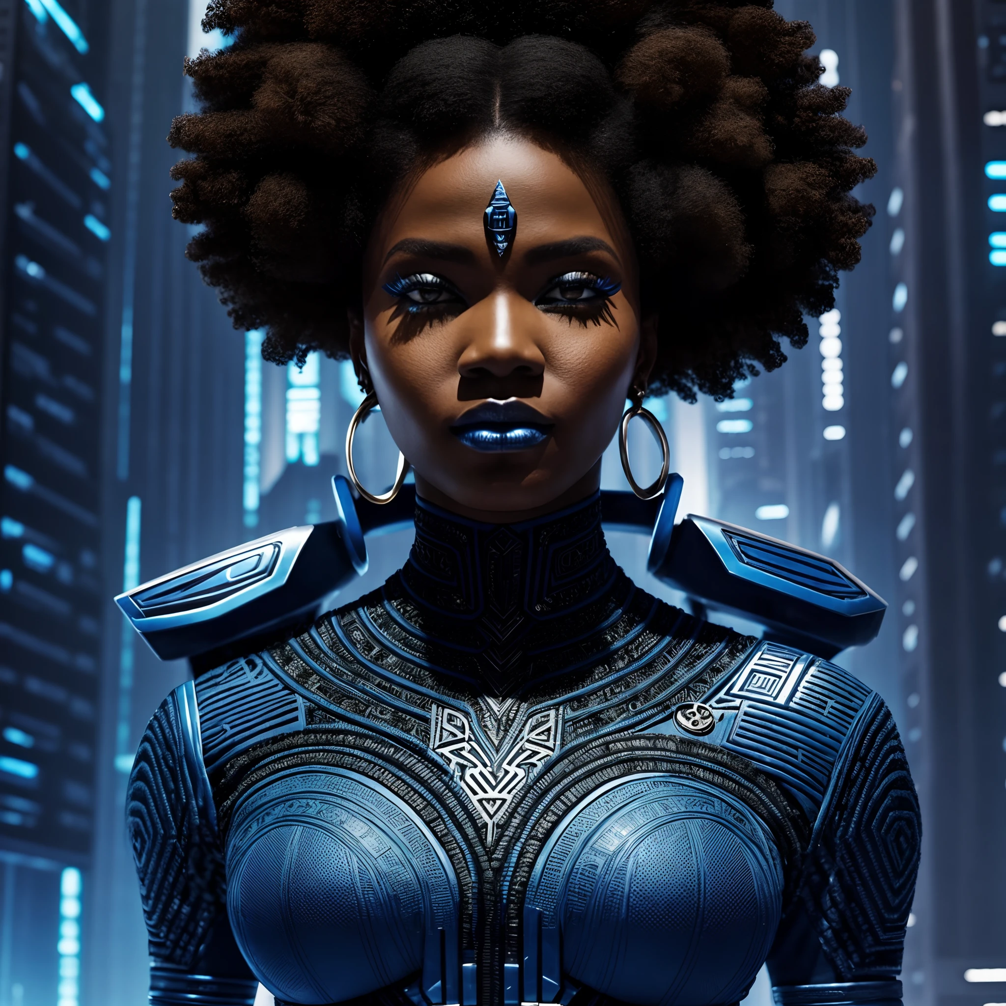 Afrofuturism, a woman wearing a dark blue afrofuturistic tribal clothes, flat top hair, cyber punk City in background, ultra quality, intricate details