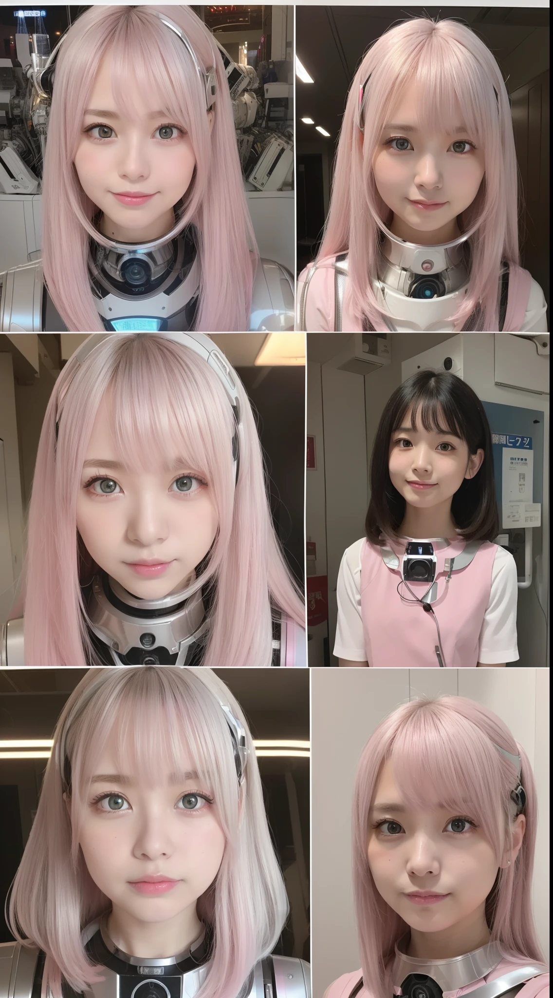 (Photorealistic: 1.4), 1 girl, (highest quality), (((robot parts)), (pink), (silver), (metallic), (full-body), (moe pose), (thin), (), (model body type), (cyborg), (mecha exposure), (akihabara), (looking at the camera), (nurse uniform), (black hair), (8 heads), (small face), (idol), (photo session), ( embarrassed)