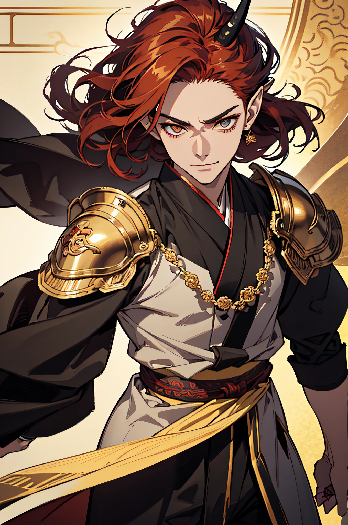 (masterpiece), best quality, ultra-high resolution, ((one man)), (((oni))), japanese oni, boy, male, elegant, expressive eyes, perfect face, half body, looking at viewer, dutch angle, cowboy shot, (long black-reddish hair), (golden eye color), long elf like ears, (one demon horn on the head), heavy armor, chest revealed, (old japanese clothing style), katana, light smile, detailed background, Extreme Detailgenauigkeit, 4K