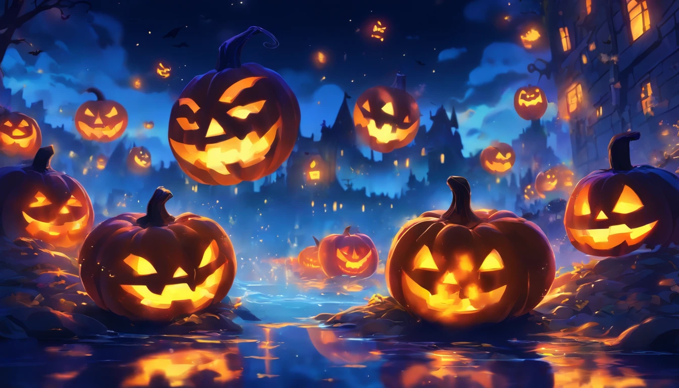 Halloween Floating Lights, Cinematographic light and reflection, glowing lights, Intermediate elements of the metaverse,digital painting, reflets brillants, Reflect, Halloween Jack-o'-lantern, Nuit calme, digital illustration, Belle ambiance, Skylights at night, Quiet atmosphere in the evening, Jack-o'-lantern, Halloween, La nuit, Thémon, The game scene, Halloween, Surrounded by clouds, Buildings in medieval Europe, Enamelled tiles, UE, Des couleurs magnifiqUEs, Il y a trois arches au premier plan((encre de couleur)), ( (Splash the ink ) ), ((Splash the ink) Inky})), tmasterpiece, High career, De beaux graphismes, high details,magnifiqUE