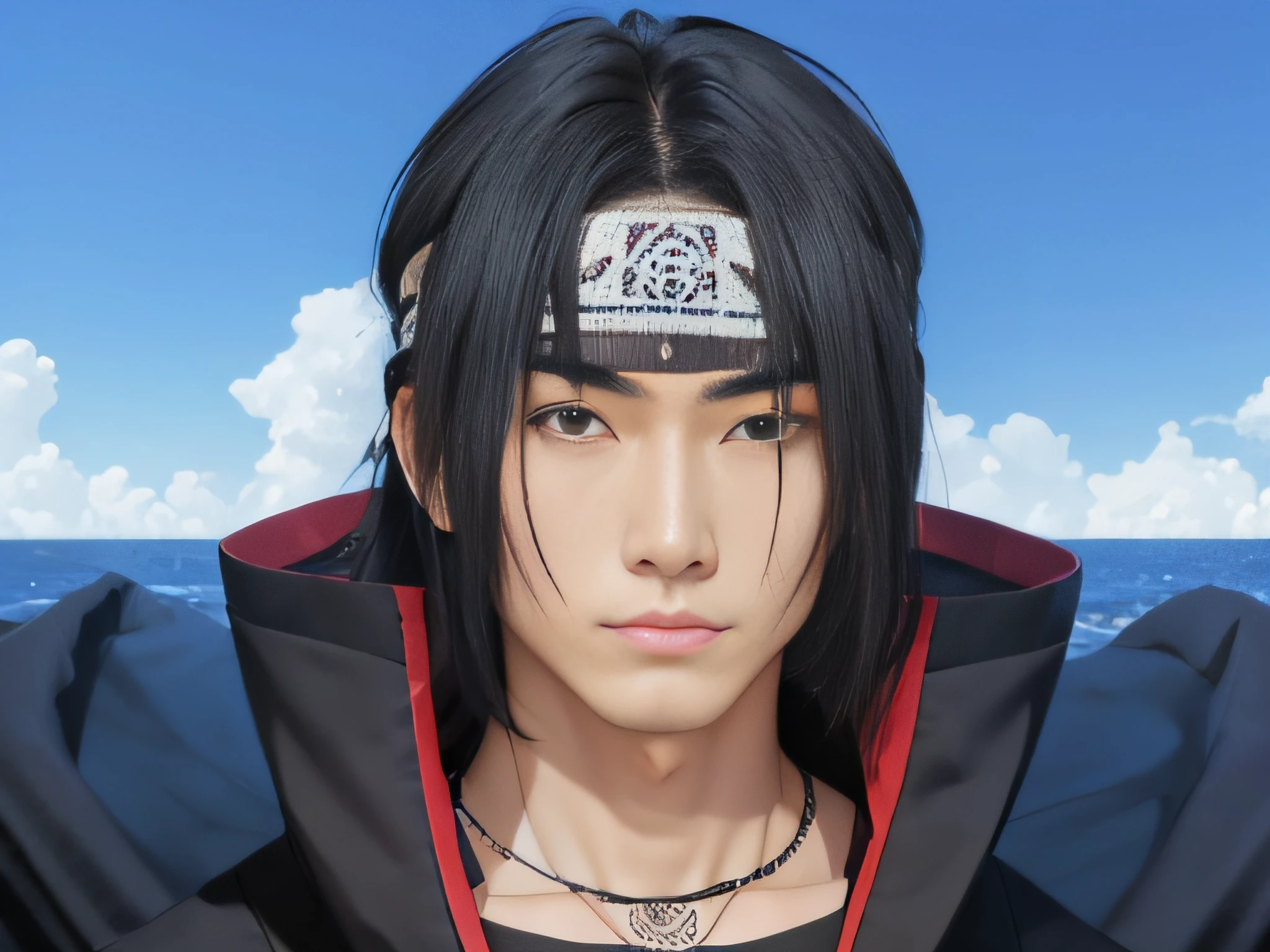male model, asian, natural black hair, hair bangs, perfect eyes, human face, black eyes, spiral symbol with triangle on the lower left of the spiral on metal plate on headband, 1 long tattoo on collar bone, realistic, ultra detail, 70mm lens