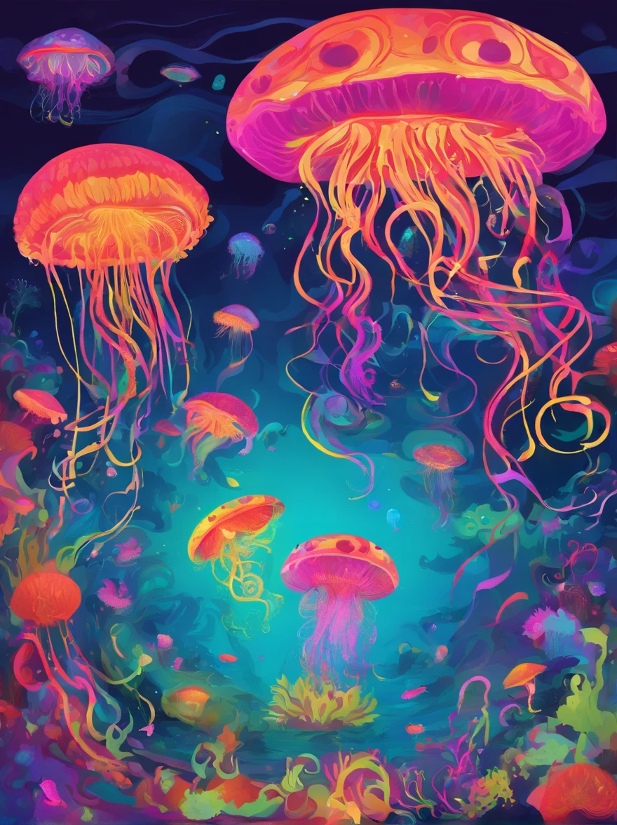 a surreal underwater scene with floating jellyfish, bioluminescent creatures, and an otherworldly atmosphere