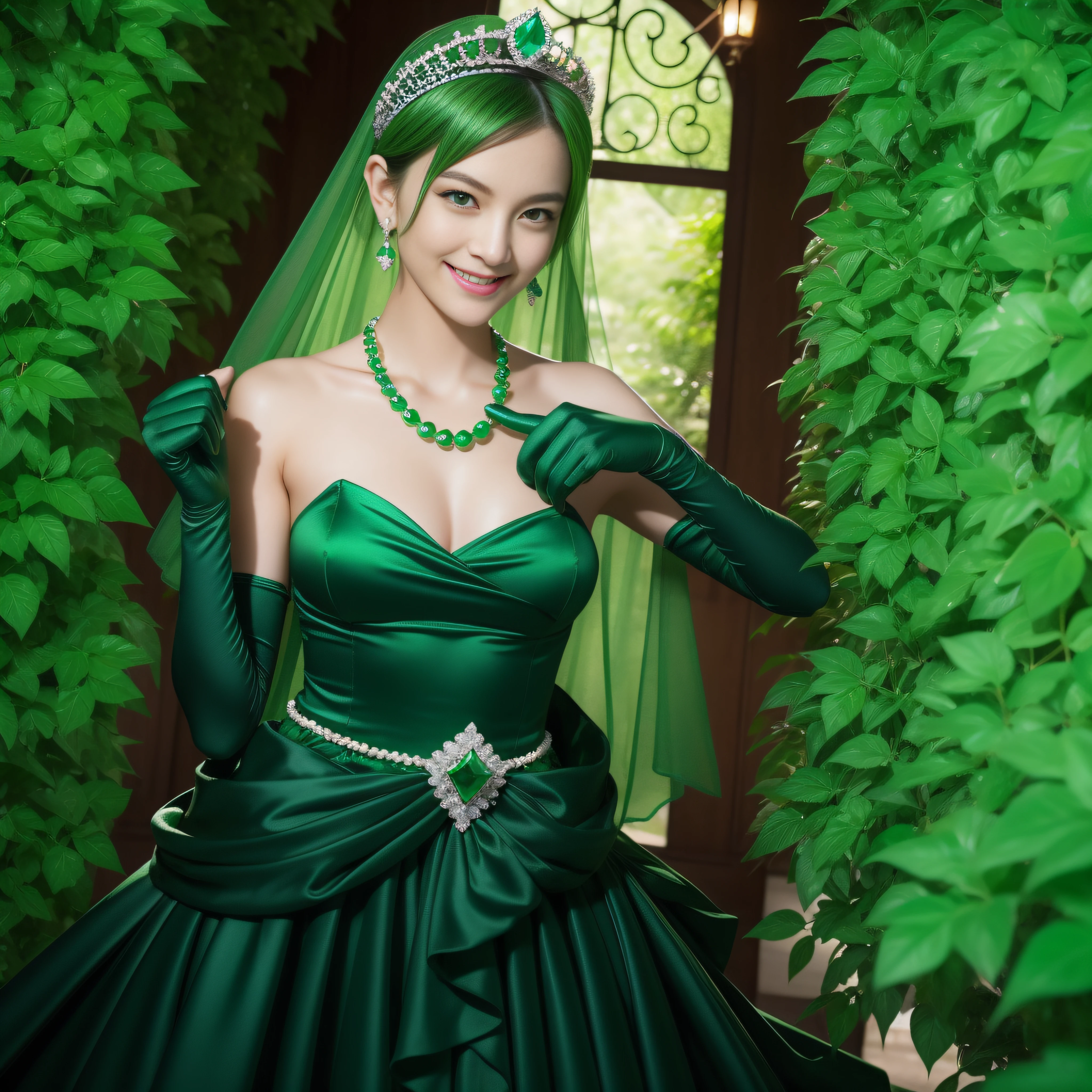 emerald tiara, Green Pearl Necklace, Boyish very short green hair, lipsticks, Japan woman smiling, very short short hair, fist, big breasts beautiful, Green eyes, Long green gloves made of satin material, Green eyes, Emerald Earrings