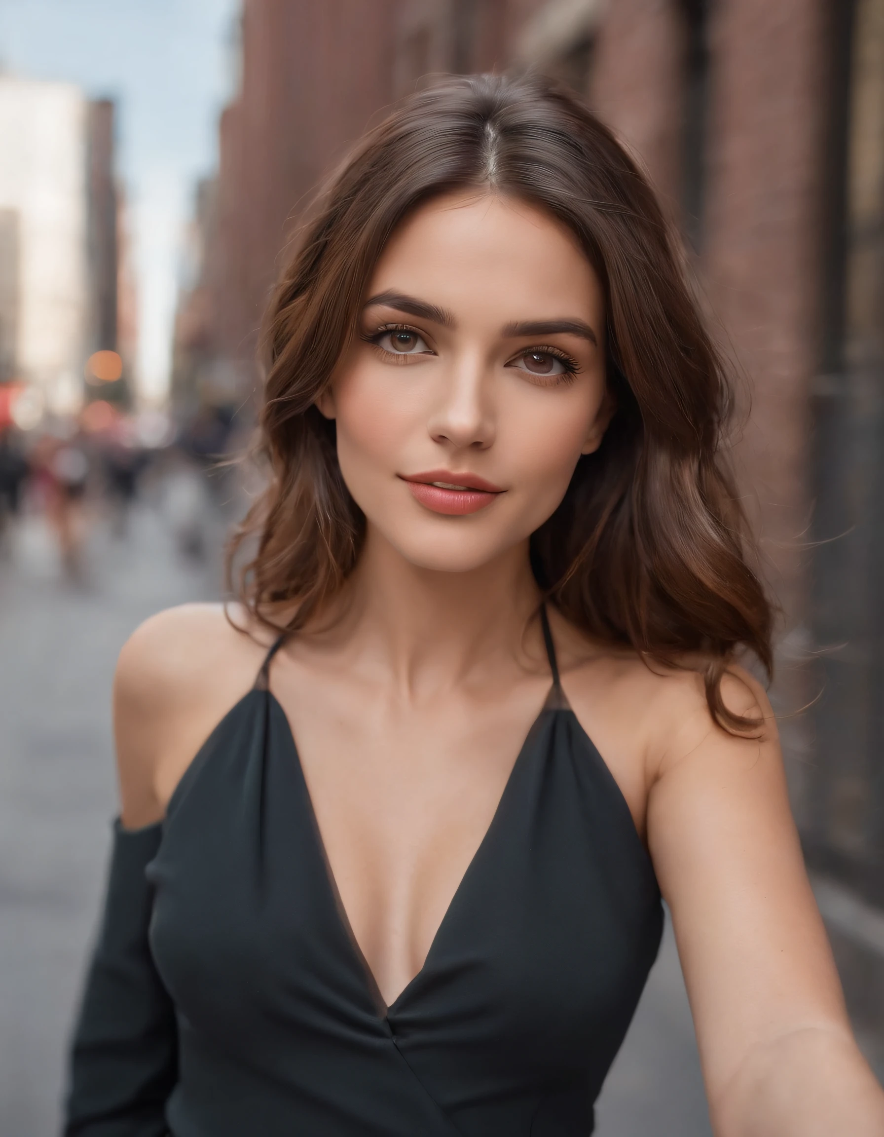 Un selfie (Obra maestra, La mejor calidad), beautiful woman, Cuello de tortuga sin mangas detallado, pants, collar, cabello ondulado, Cara perfecta, Cara hermosa, seductor, Grandes ojos hermosos, boca abierta, feliz, Cuerpo esbelto perfecto , (al aire libre), Calles de la ciudad, Nueva York, colores brillantes,Parte superior del cuerpo