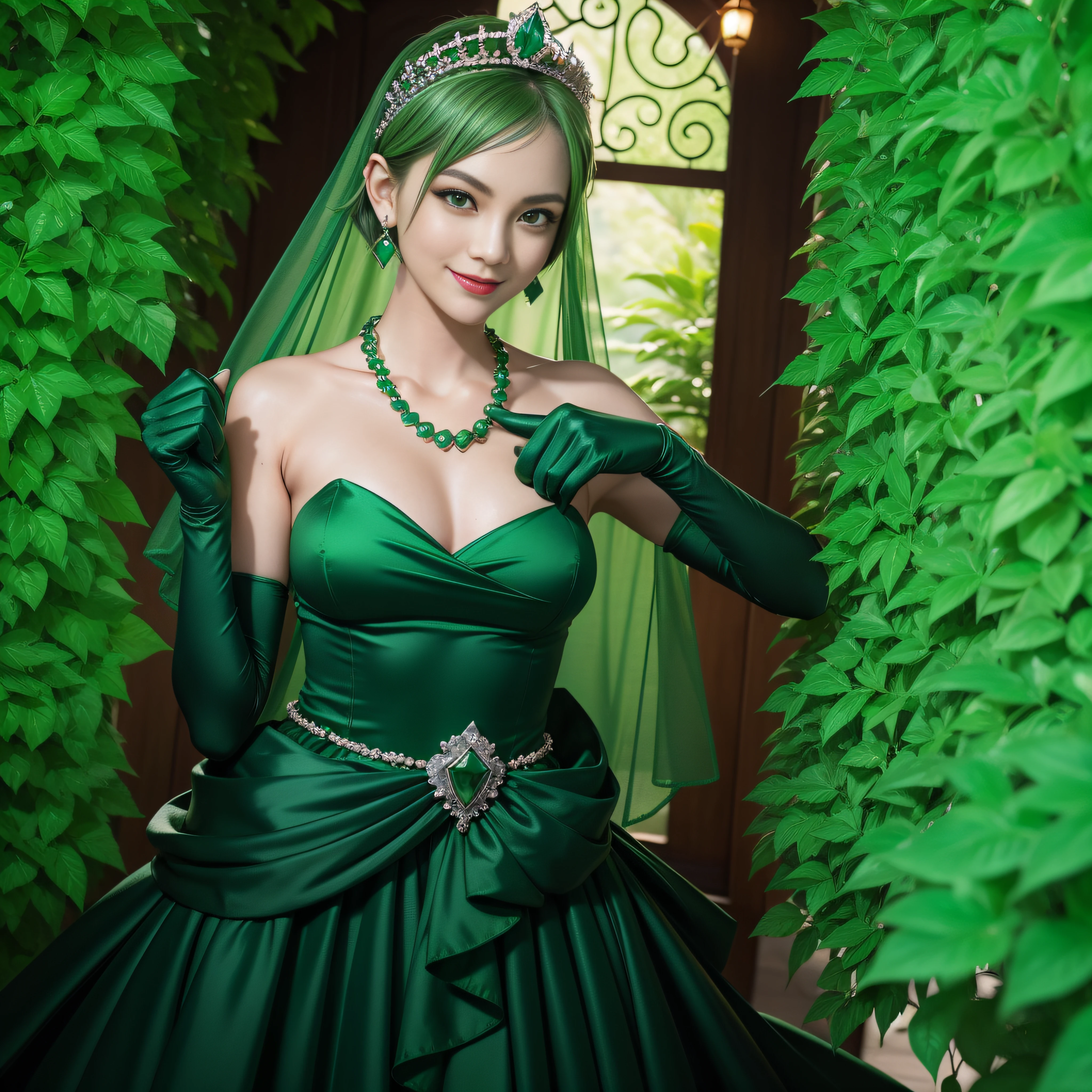 emerald tiara, Green Pearl Necklace, Boyish very short green hair, lipsticks, Japan woman smiling, very short short hair, fist, big breasts beautiful, Green eyes, Long green gloves made of satin material, Green eyes, Emerald Earrings