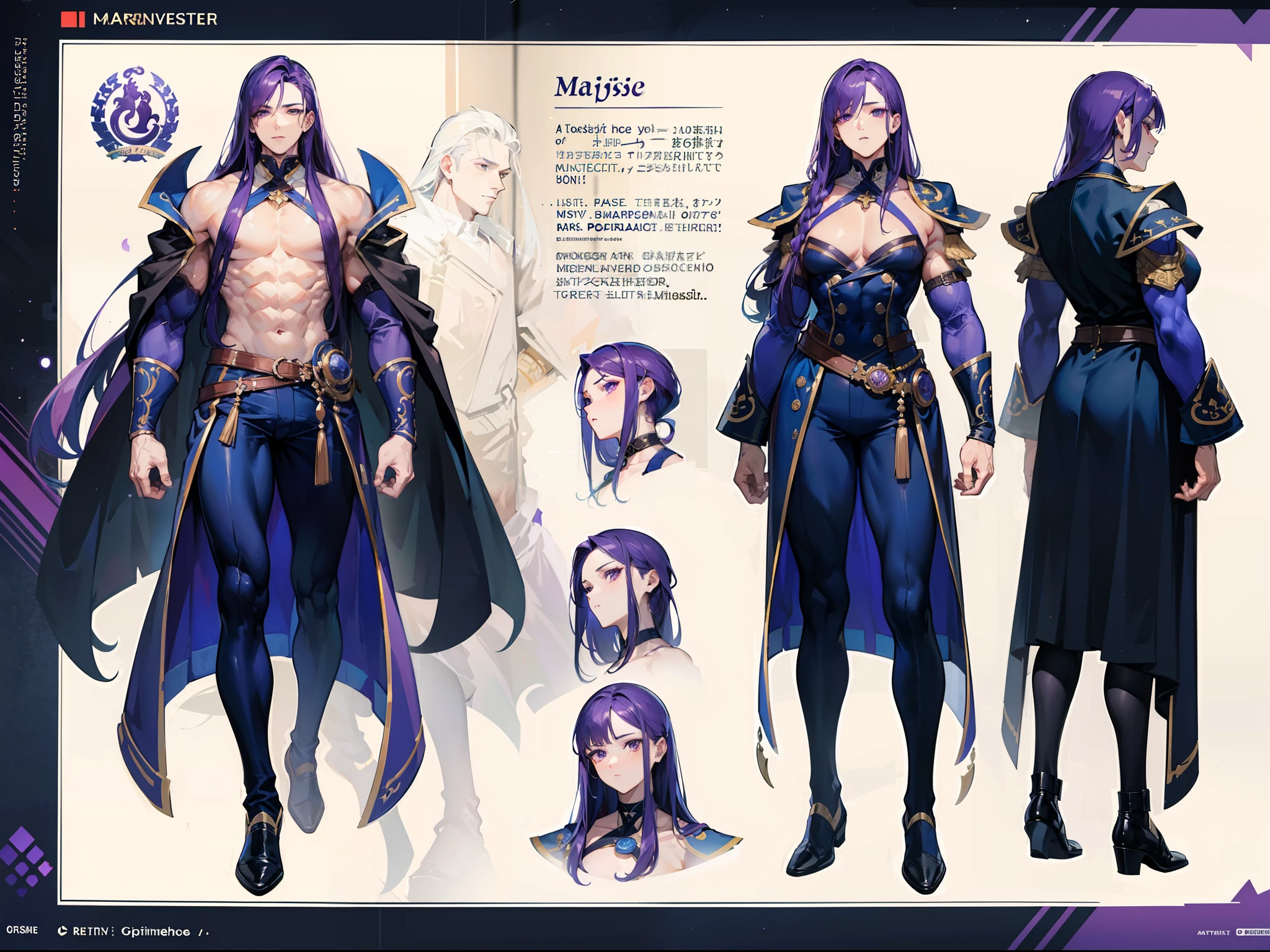 ((Masterpiece, Highest quality)), Detailed face, character design sheet, full bodyesbian, Full of details, frontal body view, back body view, Highly detailed, Depth, Many parts, Muscle boy with long purple hair,handsome man, muscle body, navy, commander, man tall