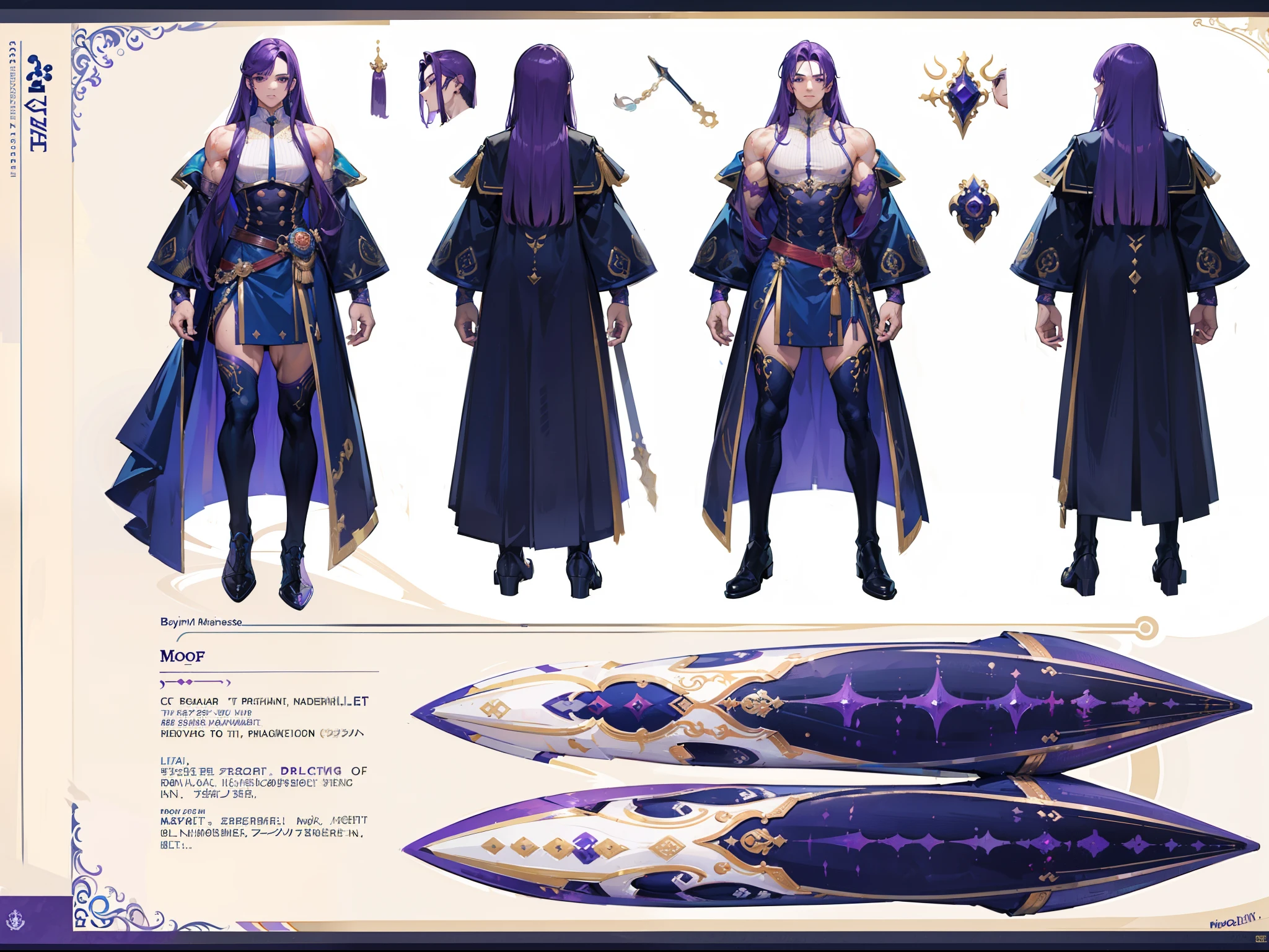 ((Masterpiece, Highest quality)), Male, boy, Detailed face, character design sheet,full bodyesbian, Full of details, frontal body view, back body view, Highly detailed, character sheet, reference sheet, character design, Many parts, dark skin, angel wings, purple hair, angel outfit, Muscle boy with purple long ponytail hair,handsome man, male angel , man tall,