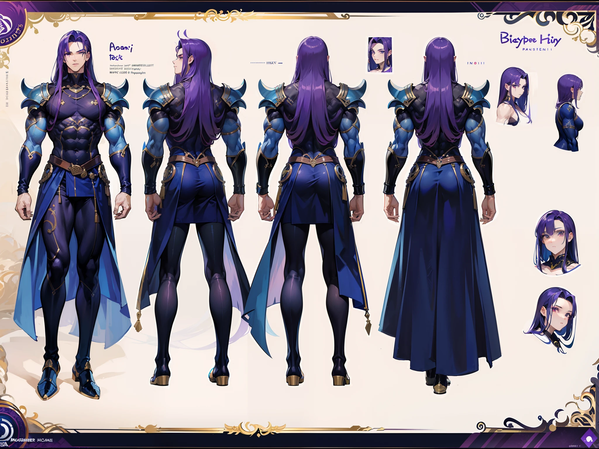 ((Masterpiece, Highest quality)), Detailed face, character design sheet, full bodyesbian, Full of details, frontal body view, back body view, Highly detailed, Depth, Many parts, Muscle boy with long purple hair,handsome man, muscle body, navy, commander, man tall