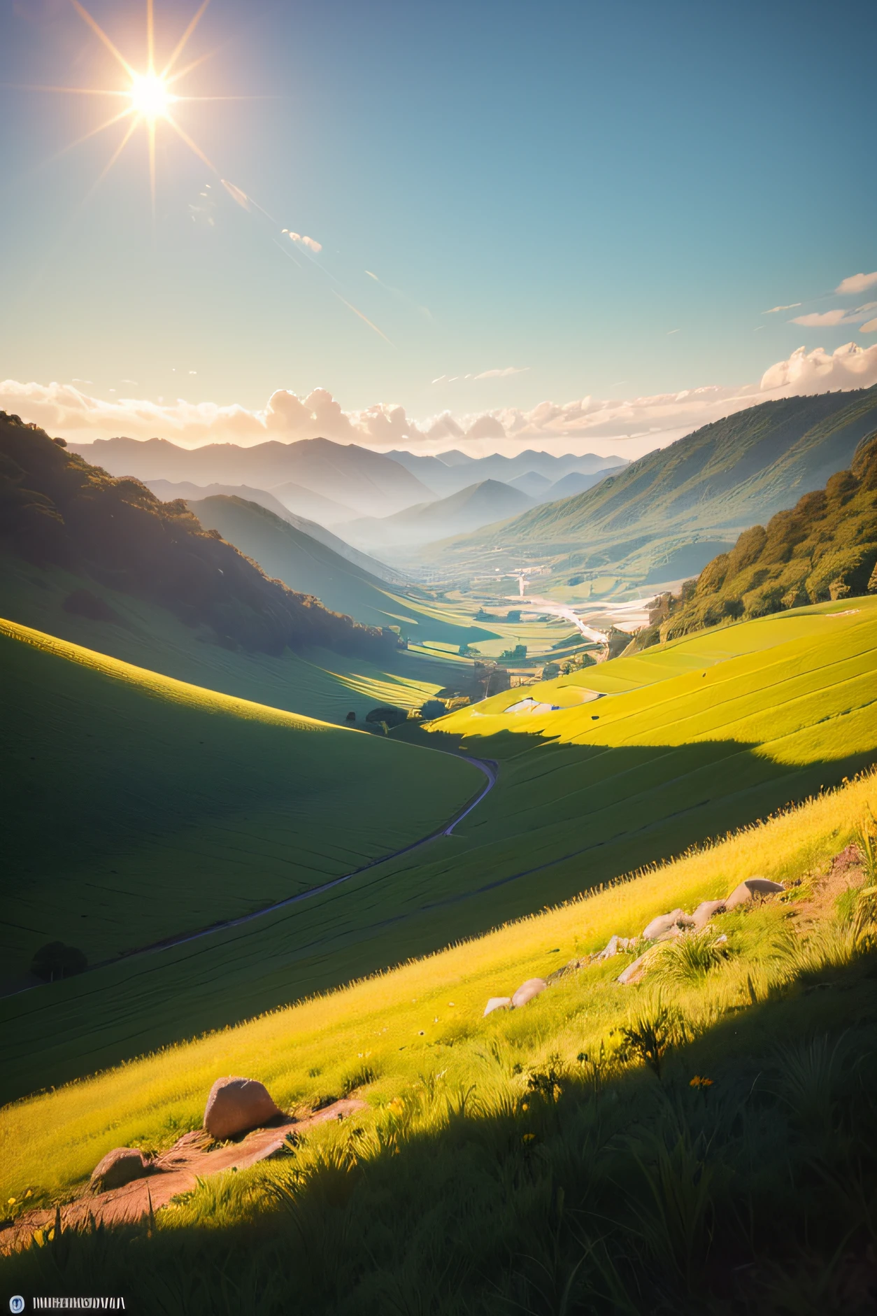 um amanhecer tranquilo, com a luz do sol aparecendo lentamente no horizonte, campo de grama verde, ( resolution, (fotorrealista: 1.4), , cores ricas, Realistic, luz de fundo, rim lighting, in the distance through the hills sunshine.