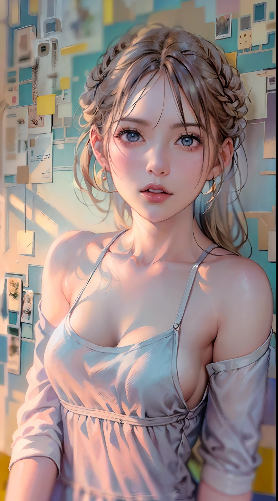 (((obra maestra, La mejor calidad: 1.2)), 1 girl, Only, Chica de piel clara con el pelo cortado, Ilustrado por Aoiro Studio y Masaaki Komori, hiper detallado, Neones, cinematic lighting, pintura mate, illustrated in an oil painting style, tendencias en Artstation, Contemporary art, Surreal and dreamlike atmosphere, (fondo pared lisa), fondo mosaico degradado en colores pastel,