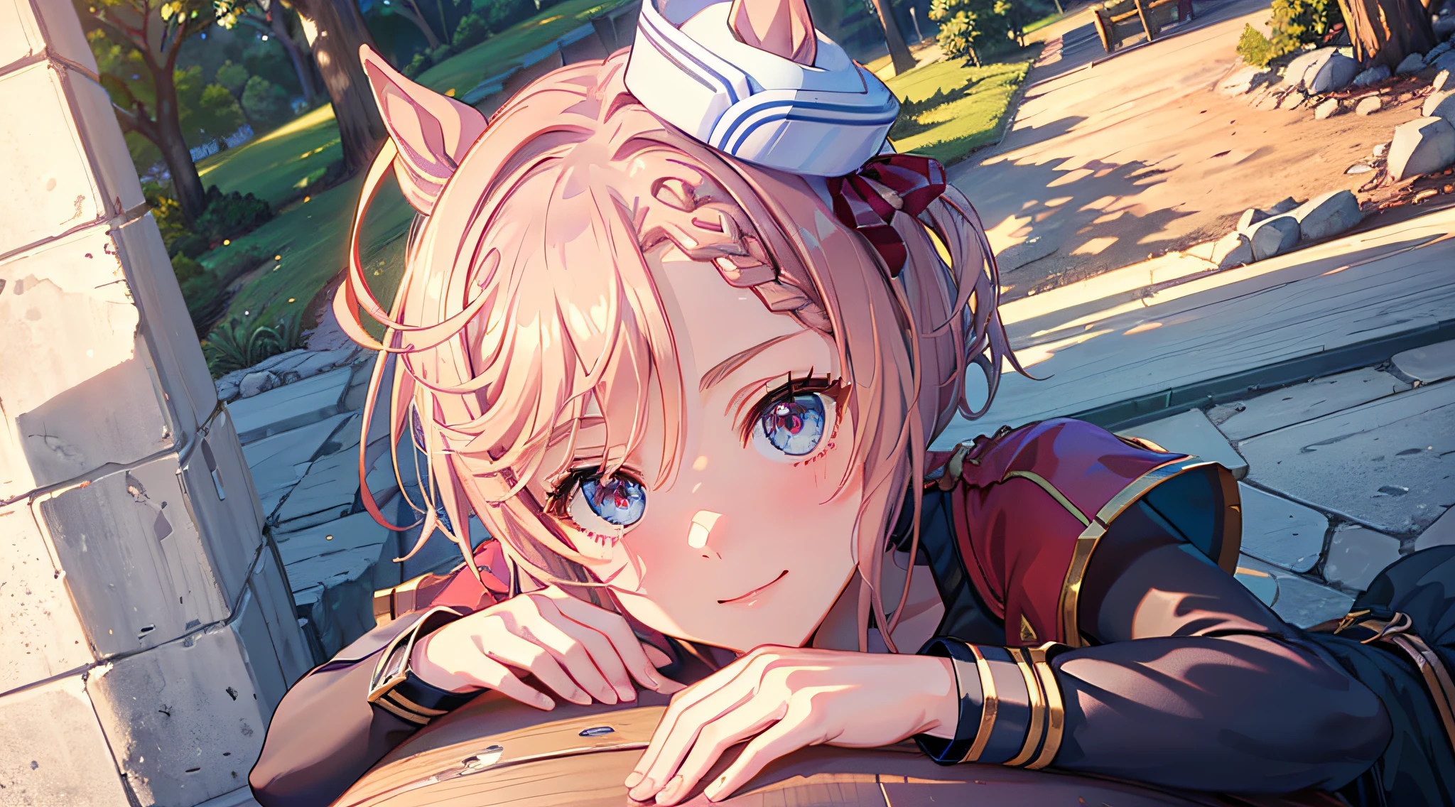 8K, Best Quality, masutepiece, Highly detailed, Semi-realistic illustrations, 1girl in, , Baby face, (yes), Venus Park \(Umamusume\), maturefemale, (Small breasts), Beautiful face, Pink hair, blush, Looking at Viewer, ((cute smile face)), Sitting on a park bench, ((on the park, A clear day, In France)), (Dynamic Angle:1.3, Face Focus:1.5), extreme close - up, (soft warm lighting)