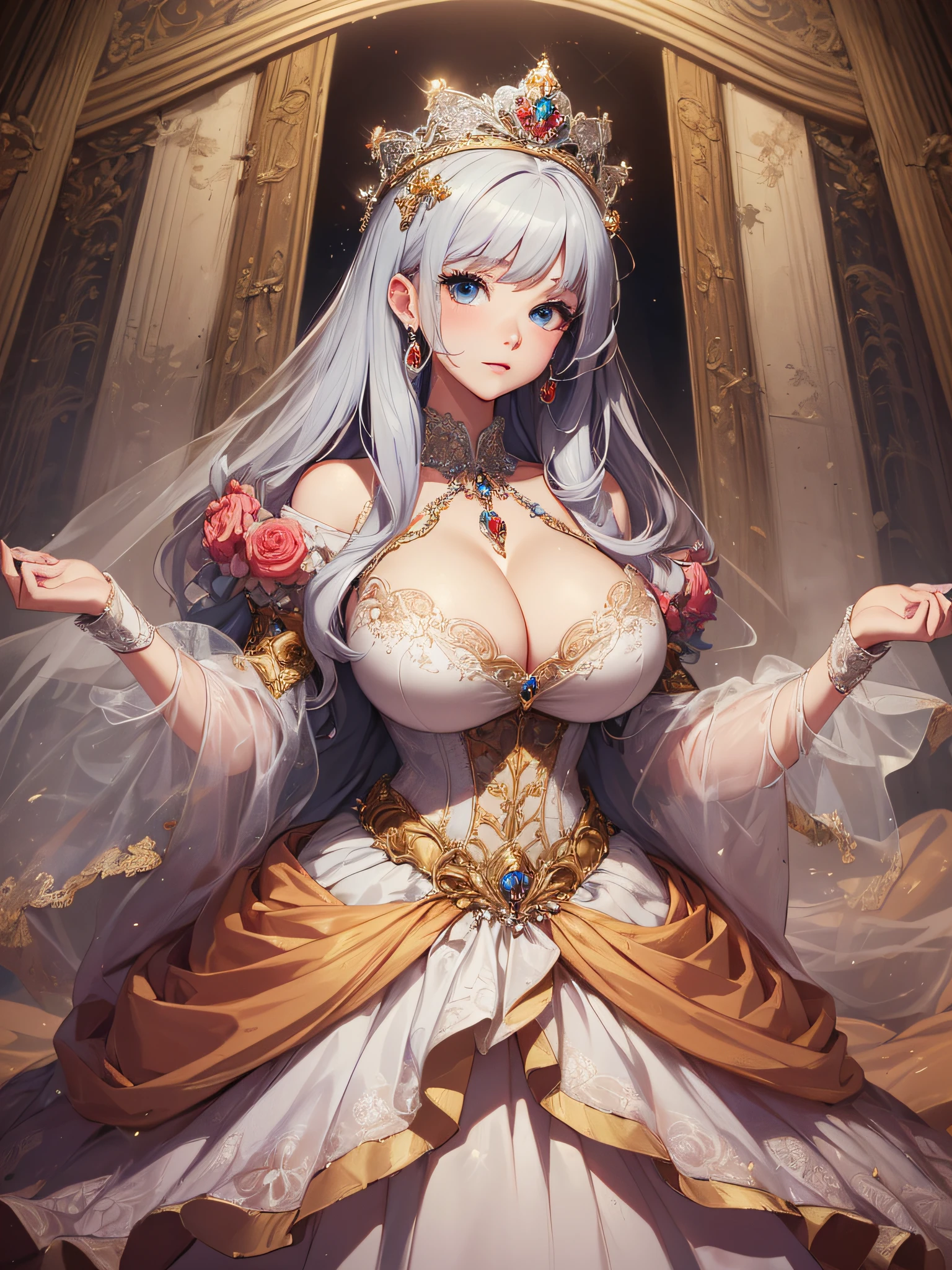 ((anime artstyle)),(Masterpiece),(Best Quality), (Super Detail),((Very Delicate and Beautiful)),cinematic lighting,1 lady,((full body portrait)),((solo)),digital art,(((1 princess in gorgeous princess rococo ballgown with voluminous full length hoop skirt))),crinoline,long train,((beautiful embroidery and jeweled)),voluminous frills,See-through,(gorgeous embroidery and beautiful lace),(((gigantic tits,skindentation,gigantic cleavage breasts))),cleavage,((large amount of straight hair,extremely voluminous Hair,Very Long Straight Hair)),((finely detailed face and eyes)),clear pupil,extremely gorgeousfull hair ornament,(bling-bling jeweled extremely gorgeousfull tiara),(bling-bling gorgeous gemstone jewelry),long veil,(beautiful background),(full body),((gorgeous princess rococo ballgown with voluminous full length hoop skirt))