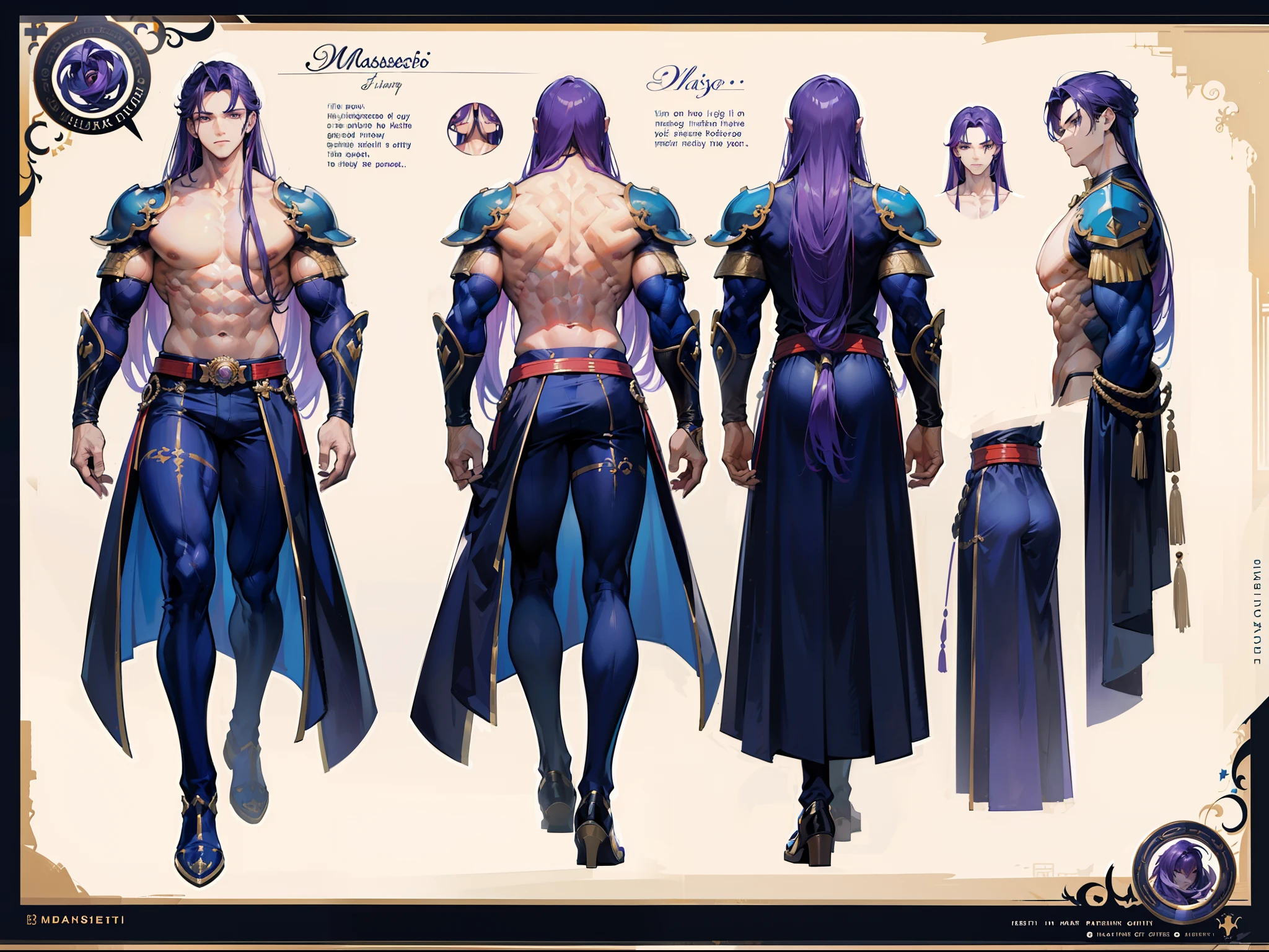 ((Masterpiece, Highest quality)), Detailed face, character design sheet, full bodyesbian, Full of details, frontal body view, back body view, Highly detailed, Depth, Many parts, Muscle boy with long purple hair with long bangs,handsome man, muscle body, navy, commander, man tall, pectoral muscles, abs