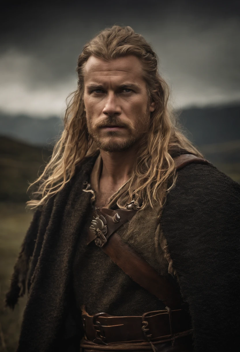 A 50 years old Viking male warrior, topless, barechest, raw, in Viking clothing, long blonde windy hair, stormy background, very sexy, penetrating look, brutal, insanely hot and handsome, chilsed fitted, cinematic photography, dynamic action scene, poster art photography, heavenly handsome, sexy, handsome, viking clothing and weapons, full-body, arrogant, cocky, proud