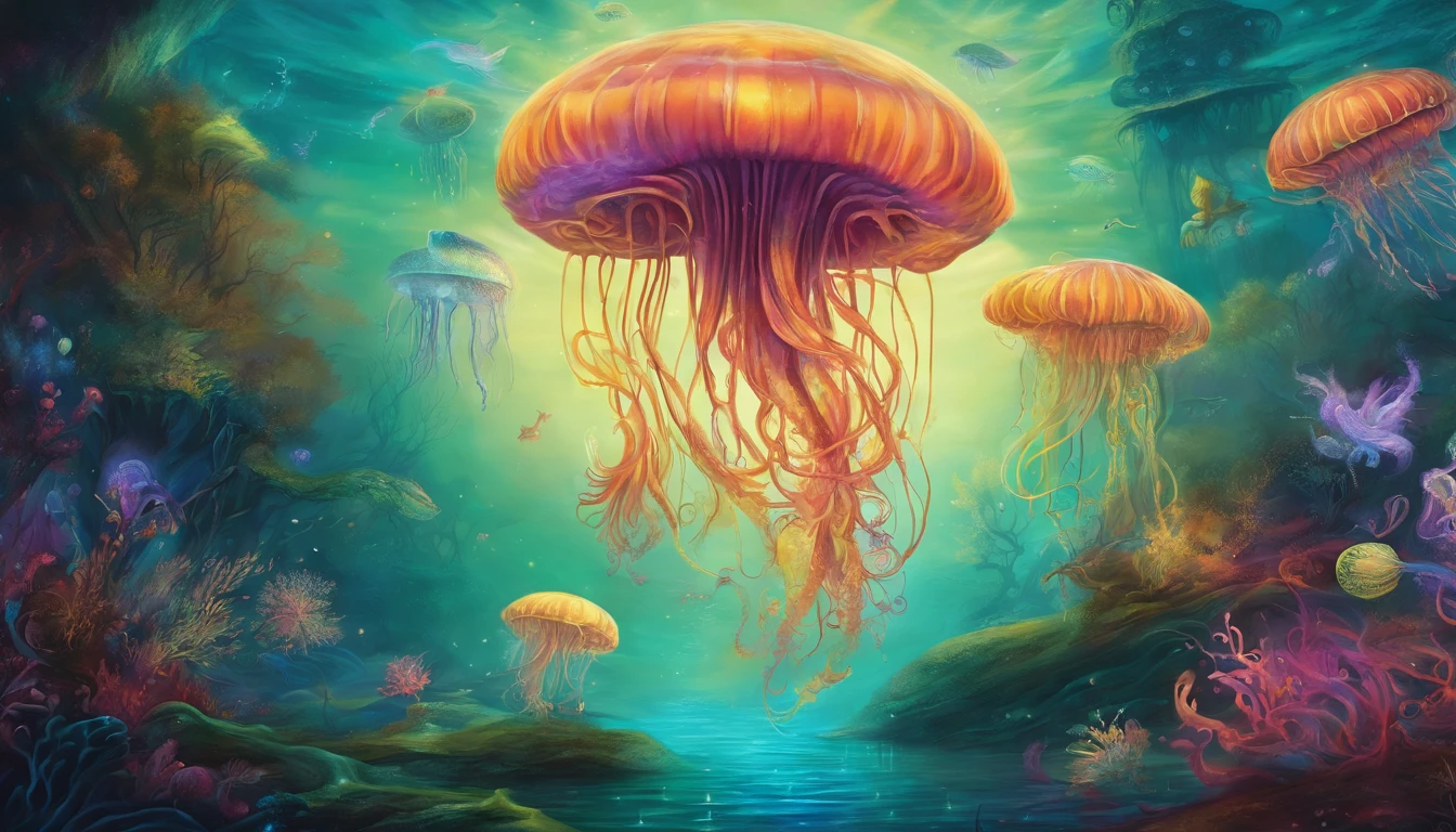 Generate a t-shirt design of a surreal underwater scene with floating jellyfish, bioluminescent creatures, and an otherworldly atmosphere.