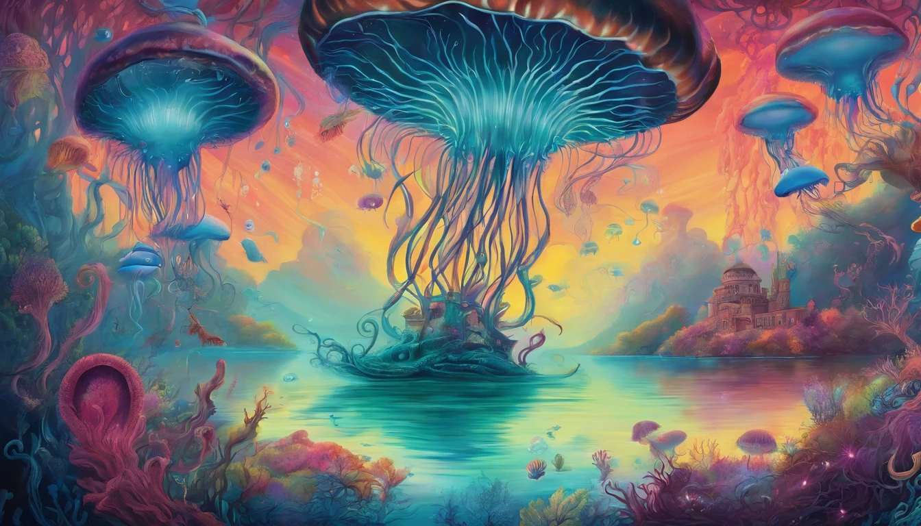 Generate a t-shirt design of a surreal underwater scene with floating jellyfish, bioluminescent creatures, and an otherworldly atmosphere.