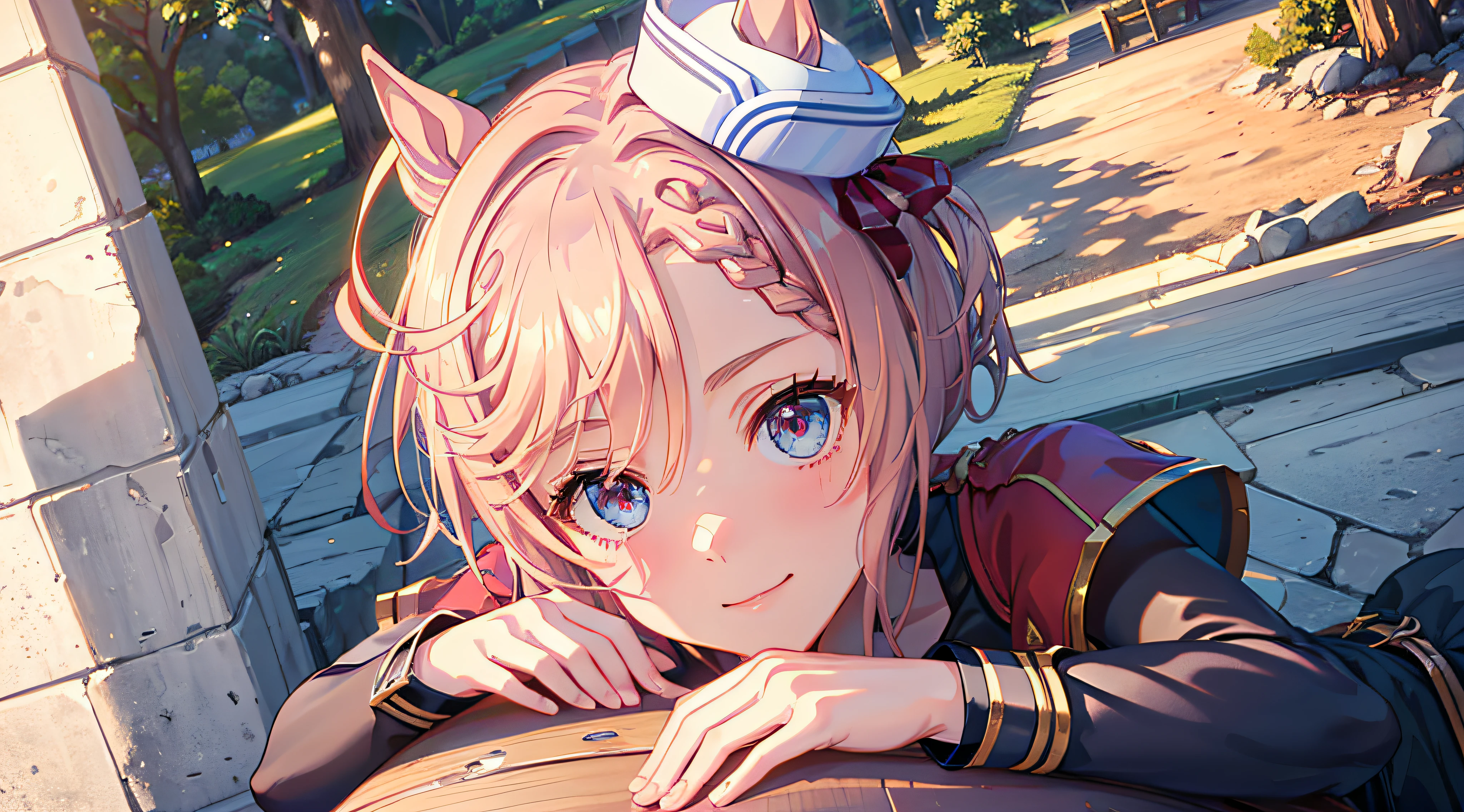 8K, Best Quality, masutepiece, Highly detailed, Semi-realistic illustrations, 1girl in, 16 years old, Baby face, (Glowing eyes), Venus Park \(Umamusume\), maturefemale, (Small breasts), Beautiful face, Pink hair, blush, Looking at Viewer, ((cute smile face)), Sitting on a park bench, ((on the park, A clear day, In France)), (Dynamic Angle:1.3, Face Focus:1.5), extreme close - up, (soft warm lighting)