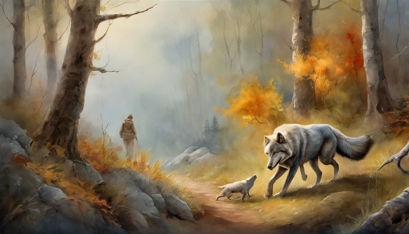 masterpiece, 15 years male that lives in the forest, cajado, walking in a mountain, surrounded by friendly wolves, (neve), roupas de pele, (indian), selvagem, fairytale ::n_ one leg, body deformation,