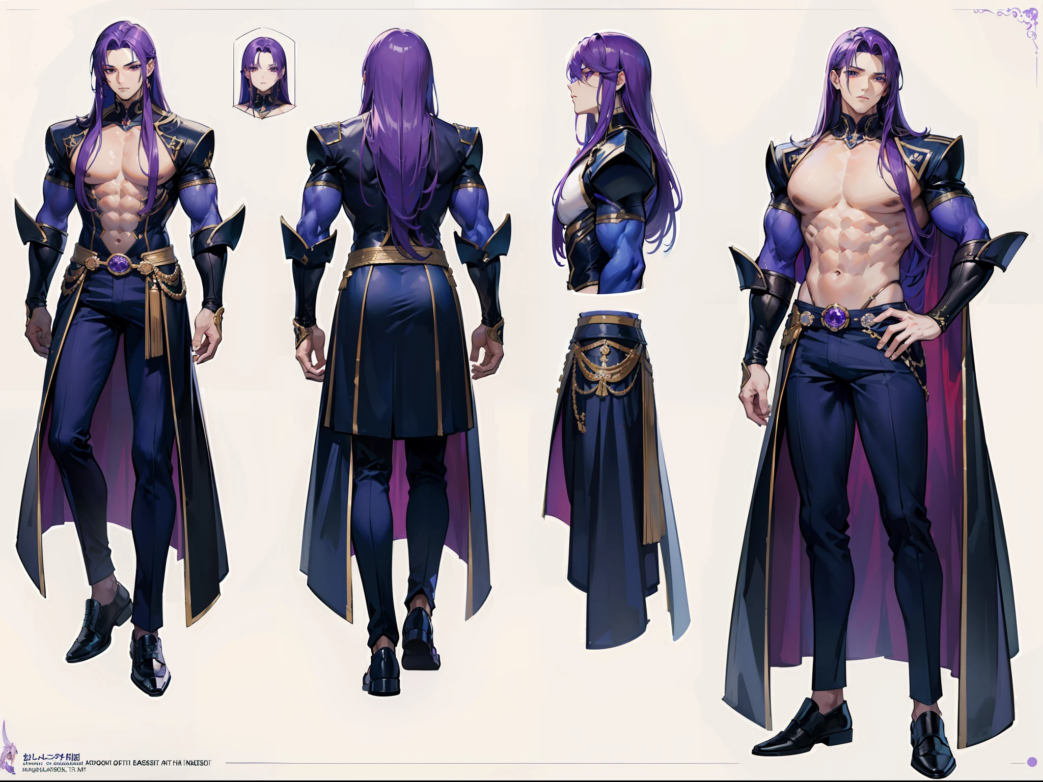 ((Masterpiece, Highest quality)), Detailed face, character design sheet， full bodyesbian, Full of details, frontal body view, back body view, Highly detailed, Depth, Many parts, Muscle boy with long purple hair with long bangs，handsome man, muscle body, navy, commander, man tall