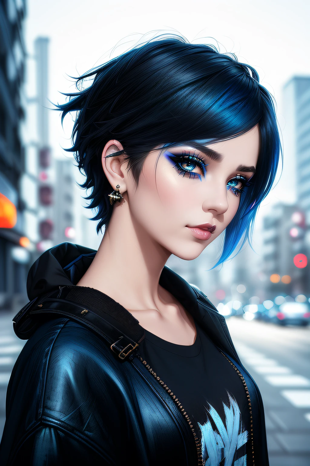 beautiful girl, half body portrait, short bright blue disheveled hair, black eyeshadow, (street style wear:1.2), (city background:1.2), dark makeup, digital art, trending on artstation, highly detailed, fine detail, intricate, beautiful detailed glow, detailed, Cinematic light, highres, detailed facial features,sharp focus, smooth, aesthetic,