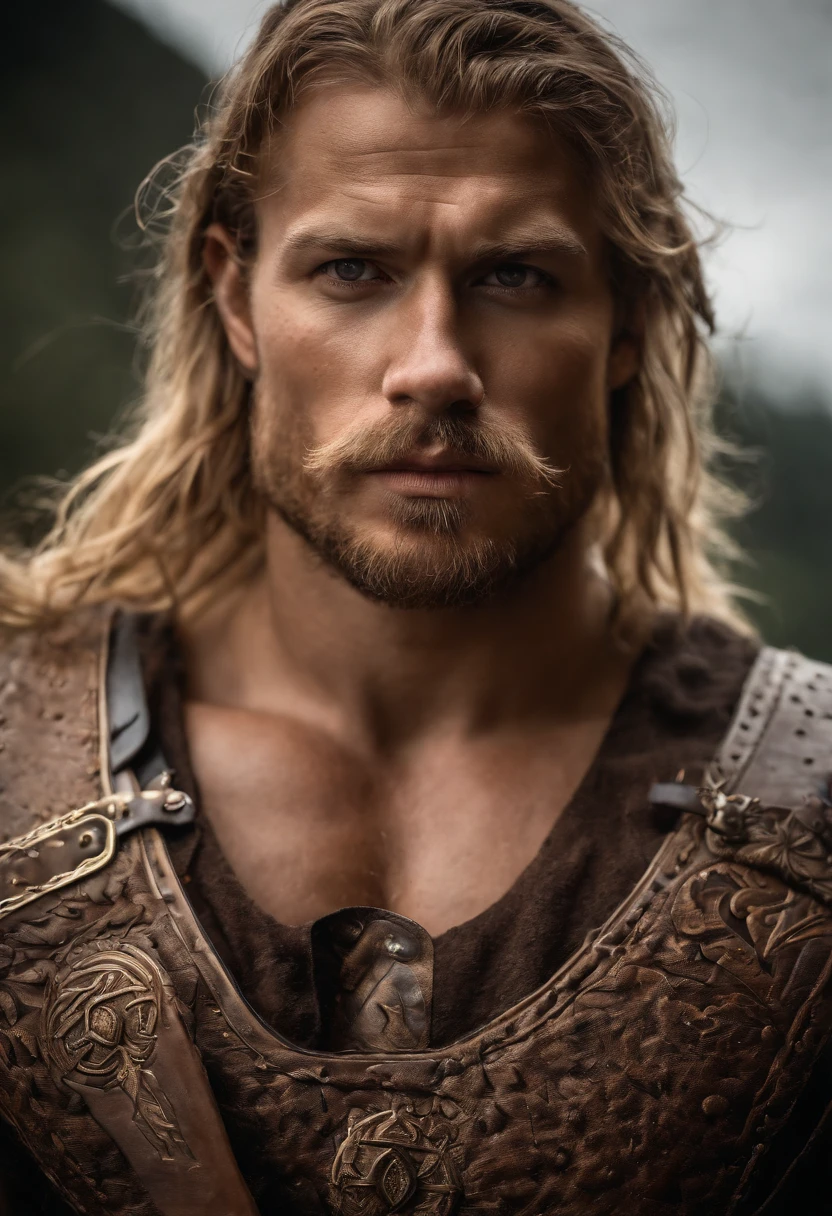 A 30 years old Viking male warrior, topless, barechest, raw, in Viking clothing, long blonde windy hair, stormy background, very sexy, penetrating look, brutal, insanely hot and handsome, chilsed fitted, cinematic photography, dynamic action scene, poster art photography, heavenly handsome, sexy, handsome, viking clothing and weapons, full-body, arrogant, cocky, extremely proud and very confident.