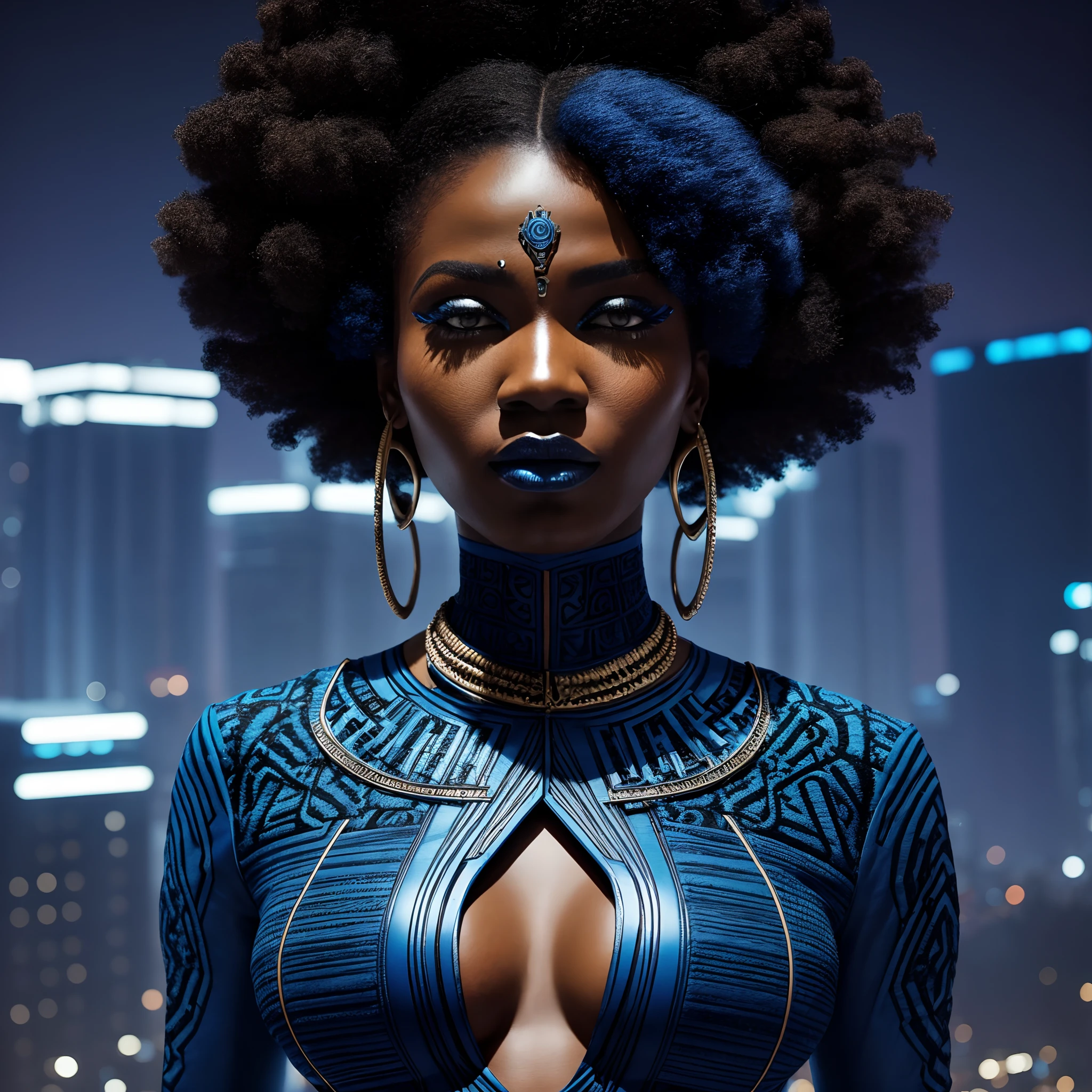 Afrofuturism, a woman wearing a dark blue afrofuturistic tribal clothes, flat top hair, cyber punk City in background, ultra quality, intricate details
