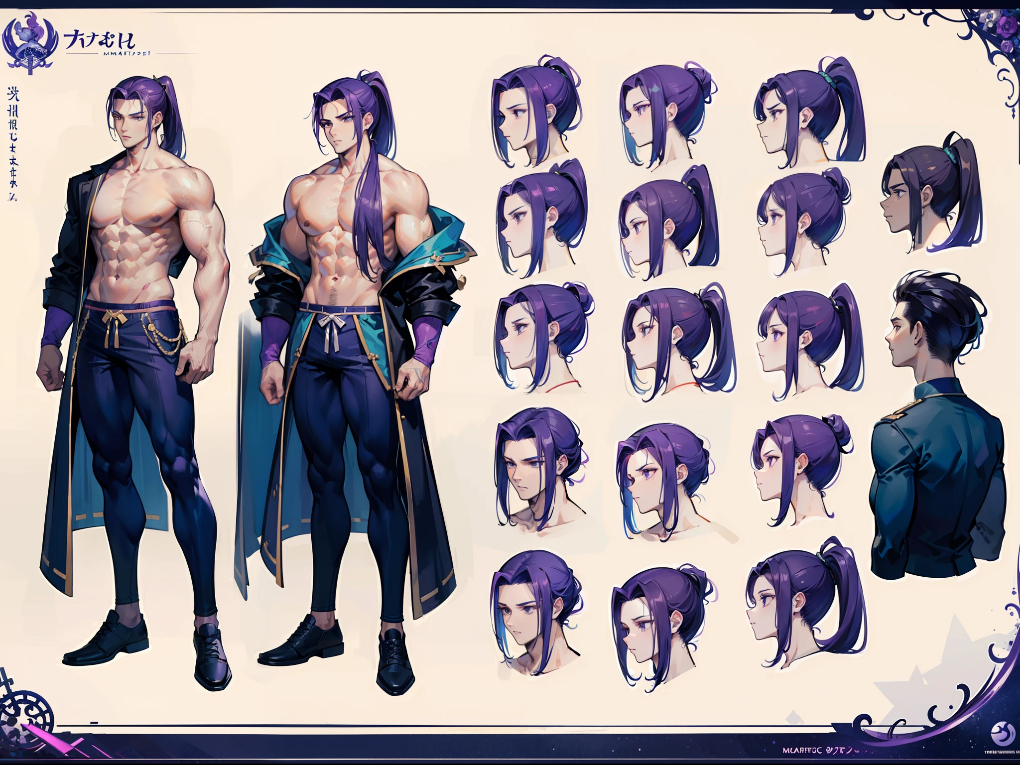 ((Masterpiece, Highest quality)), Detailed face, character design sheet, full bodyesbian, Full of details, frontal body view, back body view, Highly detailed, Depth, Many parts, Muscle boy with ponytail long purple hair,handsome man, muscle body, navy, commander, man tall, pectoral muscles, abs