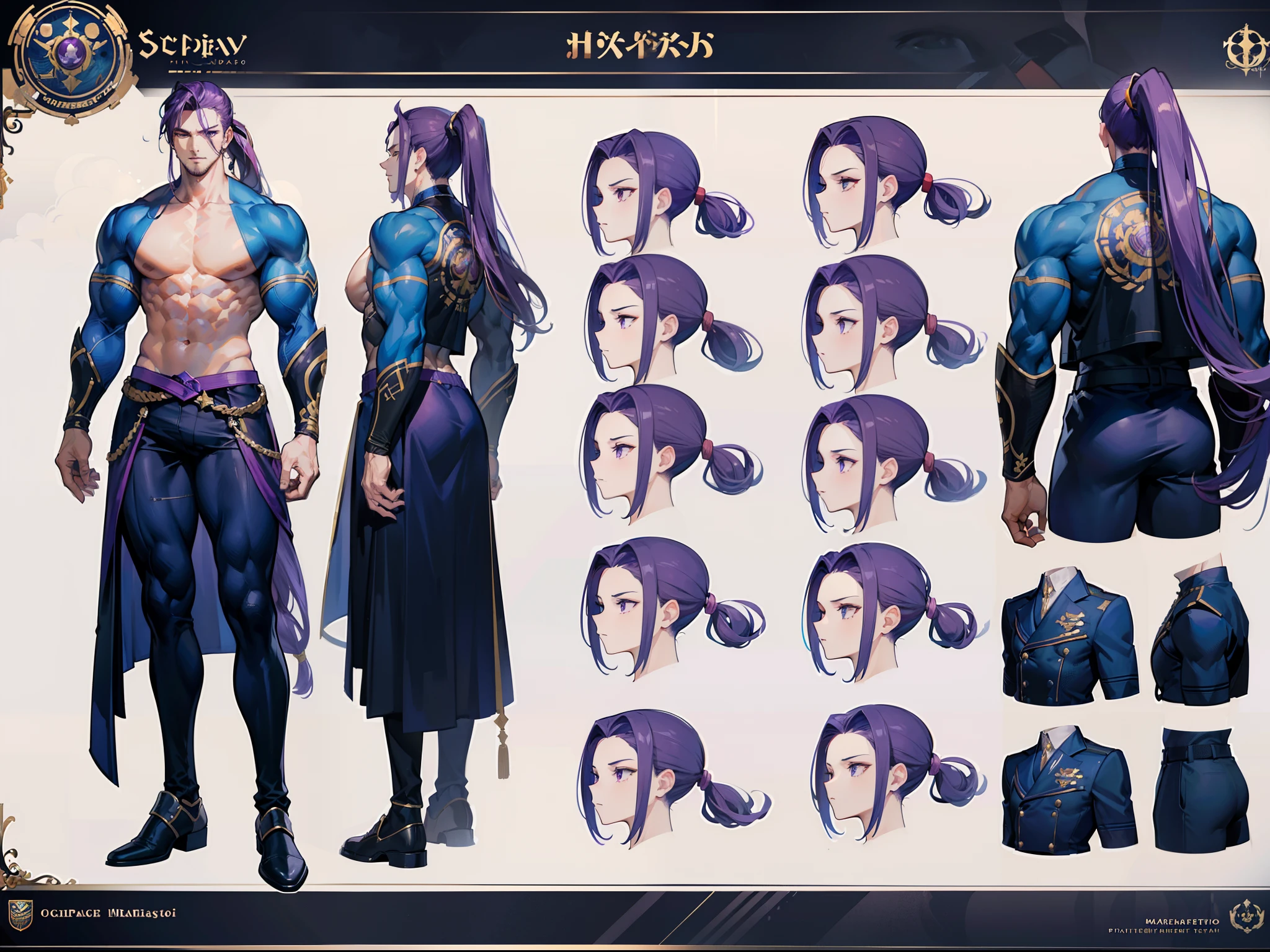 ((Masterpiece, Highest quality)), Detailed face, character design sheet, full bodyesbian, Full of details, frontal body view, back body view, Highly detailed, Depth, Many parts, Muscle boy with ponytail long purple hair,handsome man, muscle body, navy, commander, man tall, pectoral muscles, abs