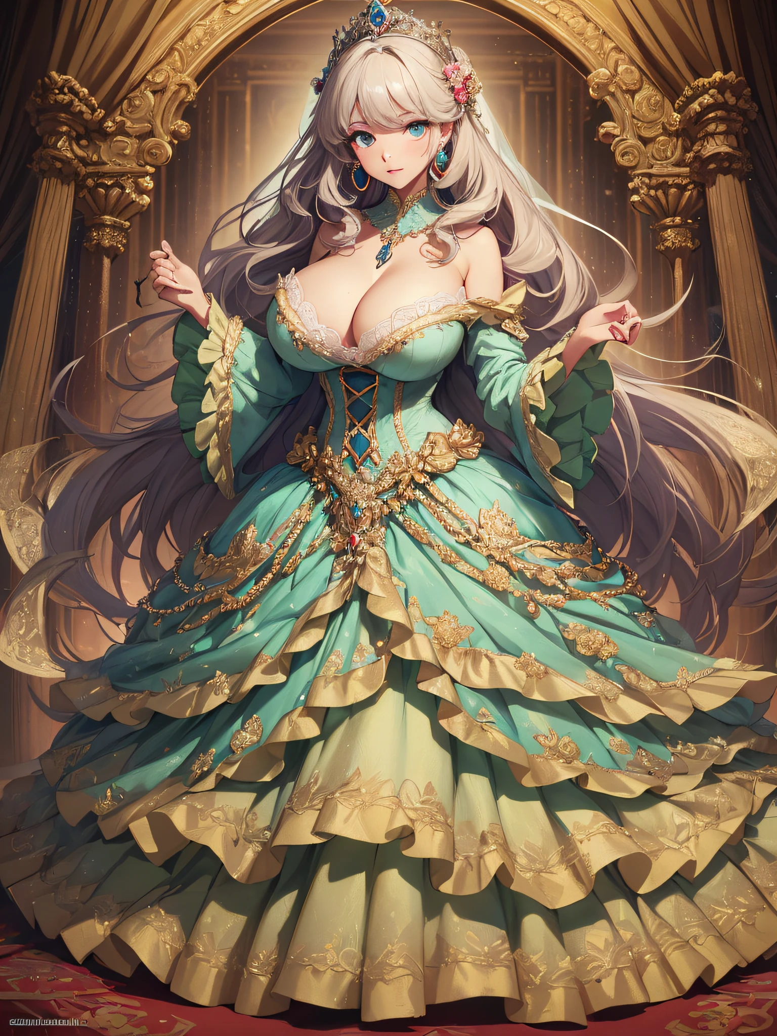 ((anime artstyle)),(Masterpiece),(Best Quality), (Super Detail),((Very Delicate and Beautiful)),cinematic lighting,1 lady,((full body portrait)),((solo)),digital art,(((1 princess in gorgeous princess rococo ballgown with voluminous full length hoop skirt))),crinoline,long train,((beautiful embroidery and jeweled)),voluminous frills,See-through,(gorgeous embroidery and beautiful lace),(((gigantic tits,skindentation,gigantic cleavage breasts))),cleavage,((large amount of straight hair,extremely voluminous Hair,Very Long Straight Hair)),((finely detailed face and eyes)),clear pupil,extremely gorgeousfull hair ornament,(bling-bling jeweled extremely gorgeousfull tiara),(bling-bling gorgeous gemstone jewelry),long veil,(beautiful background),(full body),((gorgeous princess rococo ballgown with voluminous full length hoop skirt))