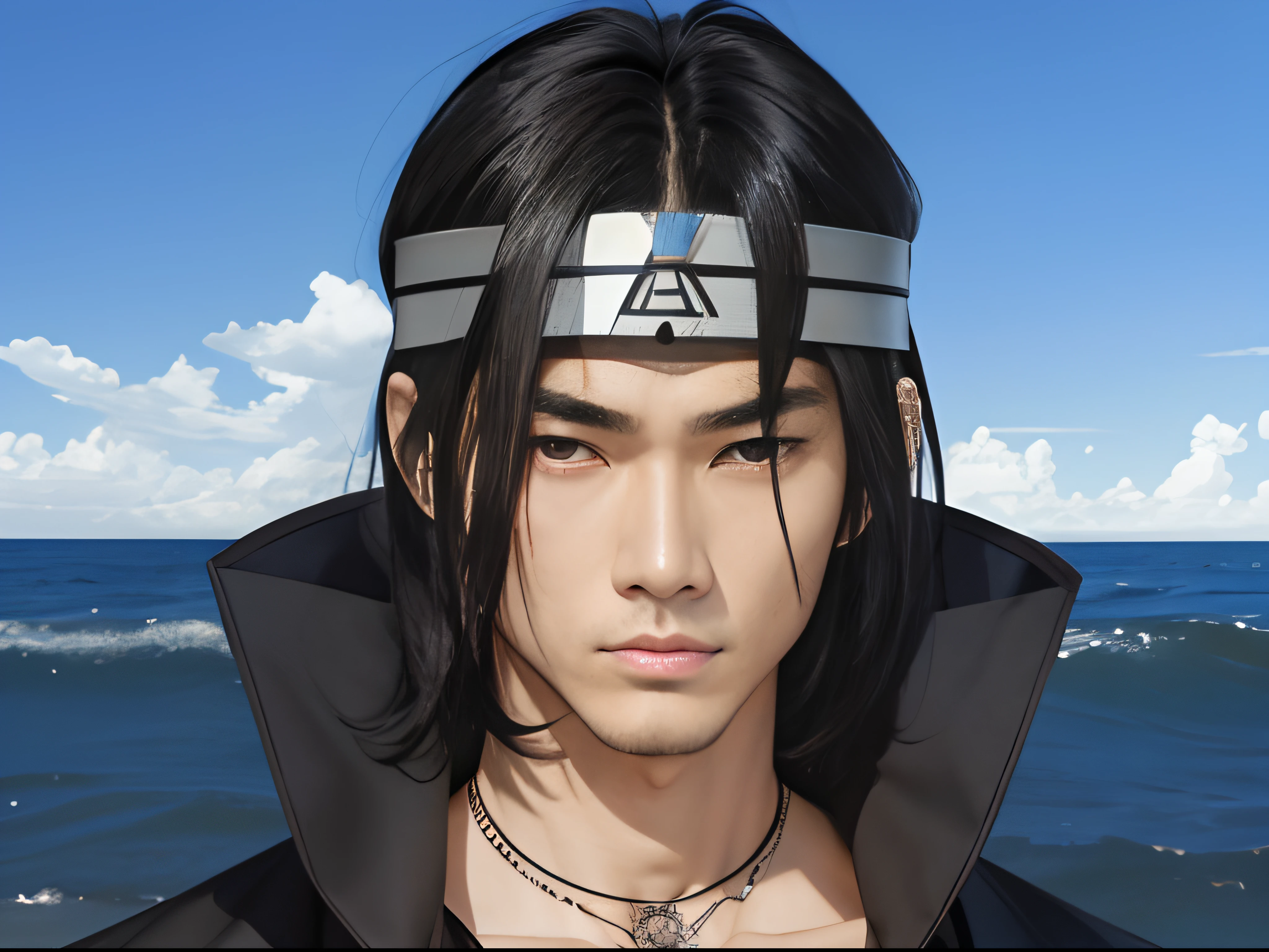 male model, asian, natural black hair, hair bangs, perfect eyes, human face, black eyes, spiral symbol with triangle on the lower left of the spiral on metal plate on headband, 1 long tattoo on collar bone, realistic, ultra detail, 70mm lens