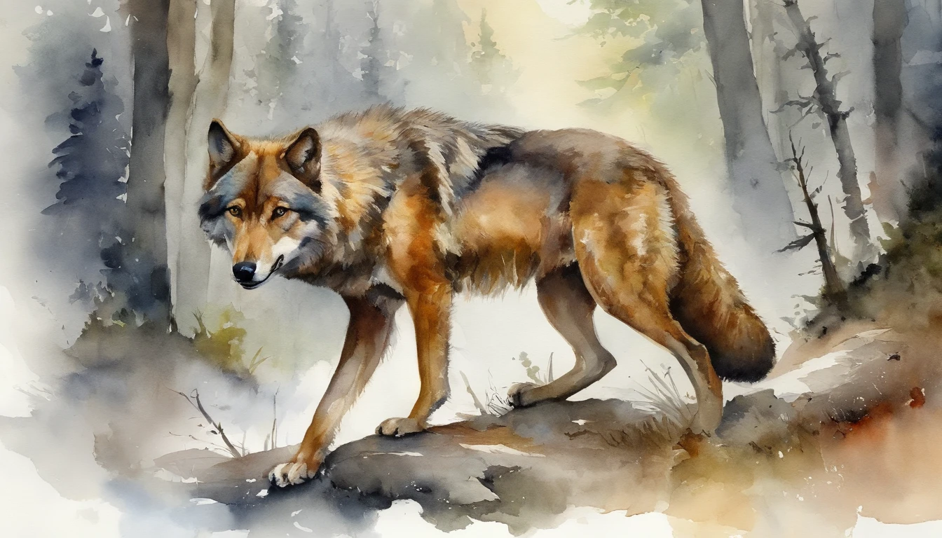 (15 years old young male) that lives in the forest, walking in a mountain, segurando cajado, surrounded by friendly wolves, (neve), roupas de pele, (indian), selvagem, fairytale ::n_ one leg, body deformation, small wolf
