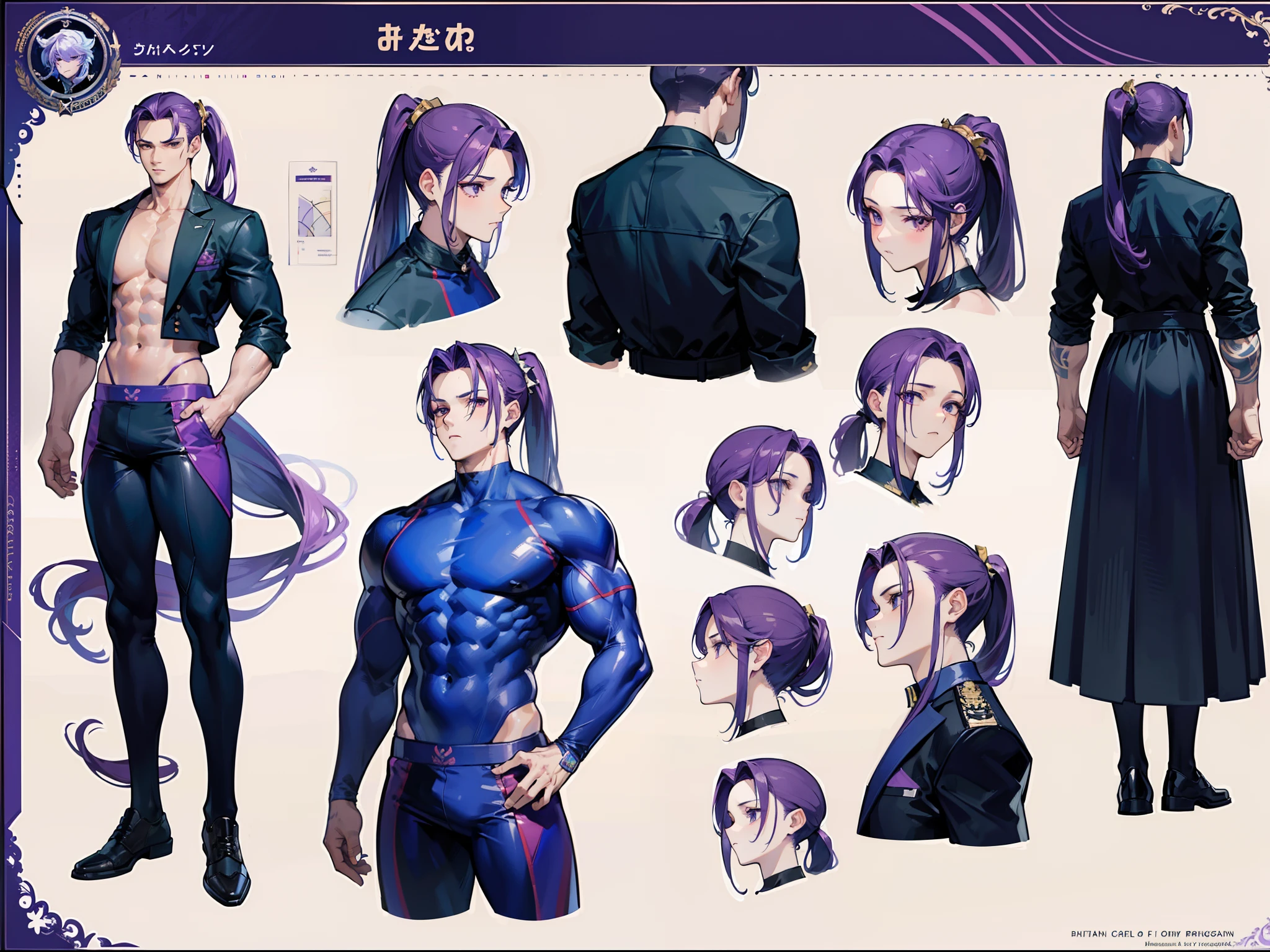 ((Masterpiece, Highest quality)), Detailed face, character design sheet, full bodyesbian, Full of details, frontal body view, back body view, Highly detailed, Depth, Many parts, Muscle boy with ponytail long purple hair,handsome man, muscle body, navy, commander, man tall,
