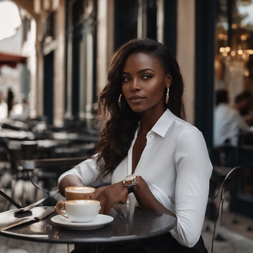 Jordan Berret model, dark skin, medium length hair, dark brown eyes, black Tshirt, formal brown pants, formal black shoes, enjoy a cup of coffee, outside of cafe, midday pov 1:5