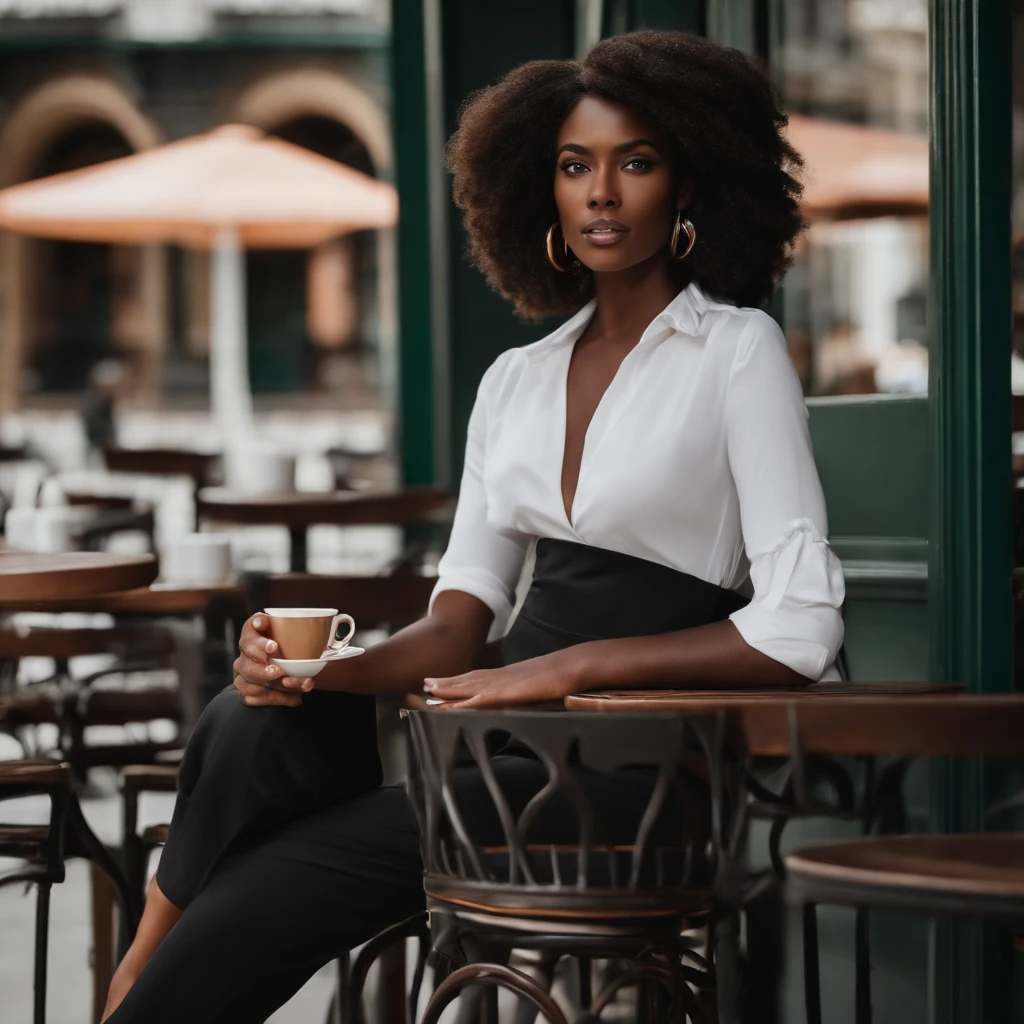 Jordan Berret model, dark skin, medium length hair, dark brown eyes, black Tshirt, formal brown pants, formal black shoes, enjoy a cup of coffee, outside of cafe, midday pov 1:5