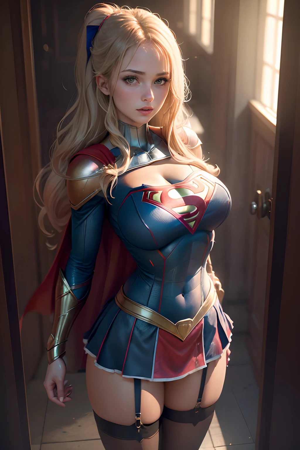 (super girl, Erotic expression, Perfect Female American Goddess Girl, unbelievable, stunning beauty) Definition of a girl's body, Fair skin, Light hair, Green eyes, Perfect beautiful face, Perfect breasts: 1.5, (muscular body: 1.1), Flexible body , Dressed in costume ((Supergill)) Sexy swimsuit stuck into her howling her pubic hair, She was wearing a skirt、Ultra-thin transparent panties are showing her stuck in her )), armor, huge long breasts sticking out of her clothes, large long breasts with protruding cleavage,, hot ass, Erotic images, (Erotic Supergirl armor, Wet panties), depth of fields, Cinematic lighting, reflective light, best quality, hard disk, 16 K, nffsw, Anatomically correct, master piece, High quality, high, hard disk, photos realistic, ultra-detailliert, ((Perfect Photo, Photo taken from bottom to top showing her panties sticking into her from under her skirt)), ,