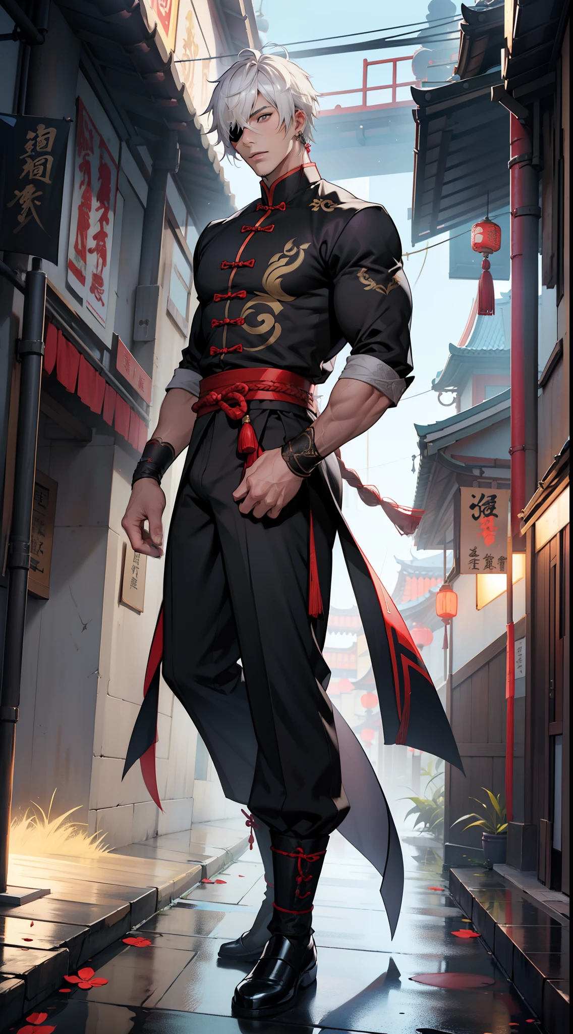 Handsome male. 6 ft 5 tall man. White hair. Short hair. Grey eyes. Eyepatch. Earrings. Toned body. Muscular male. Traditional chinese clothes. Genshin Impact. Full body. Hydro vision. Bulge in pants. Liyue, front nd back view